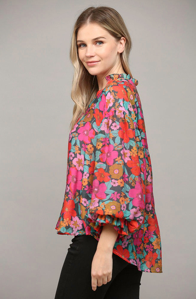 MIXED FLORALS BUTTONED BLOUSE