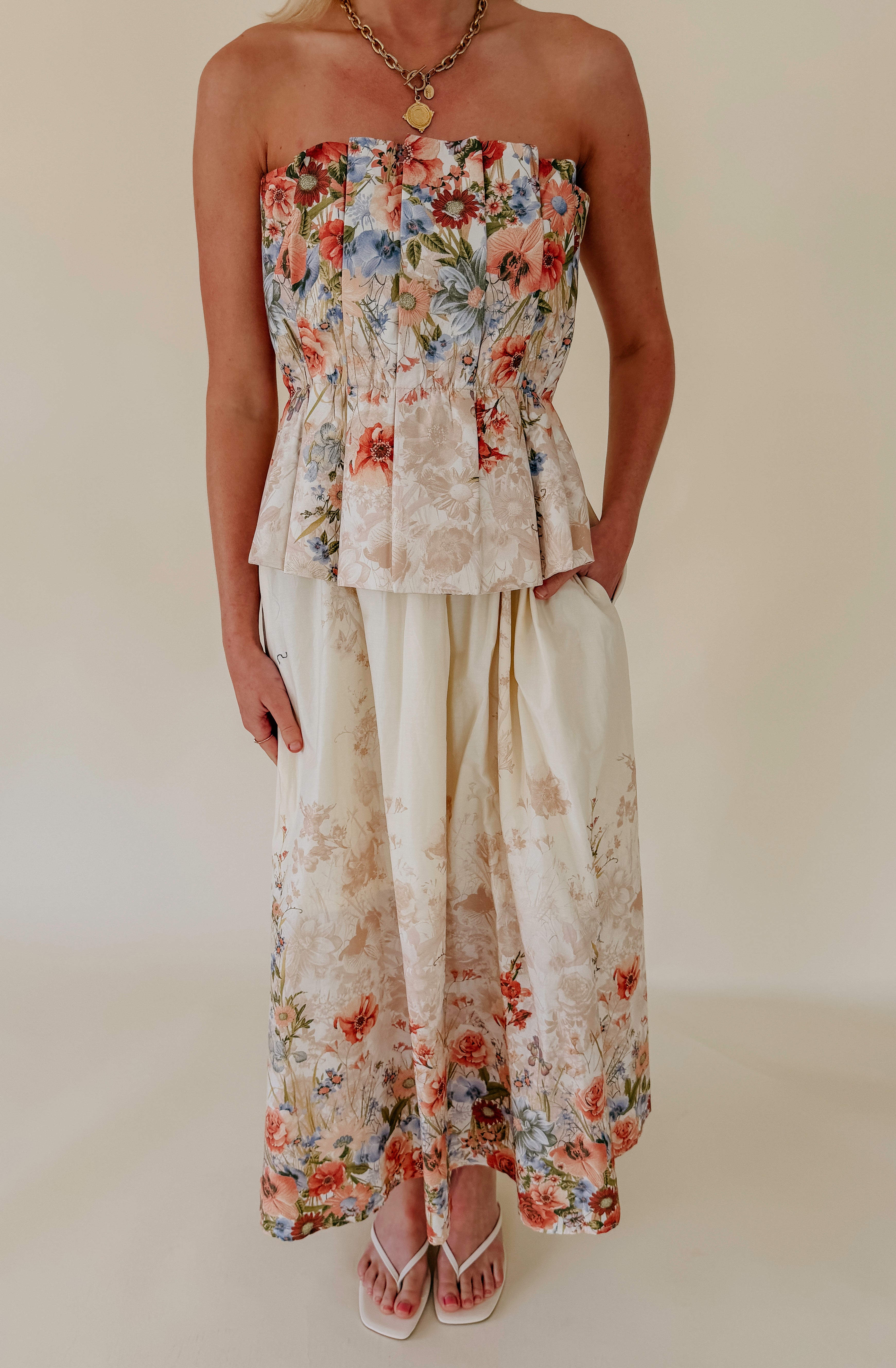 HAVING A BALL STRAPLESS MIDI DRESS