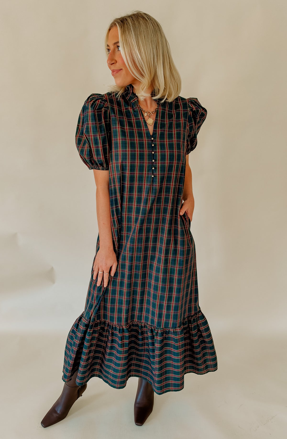 PLAID TO MEET YOU GINGHAM MIDI DRESS