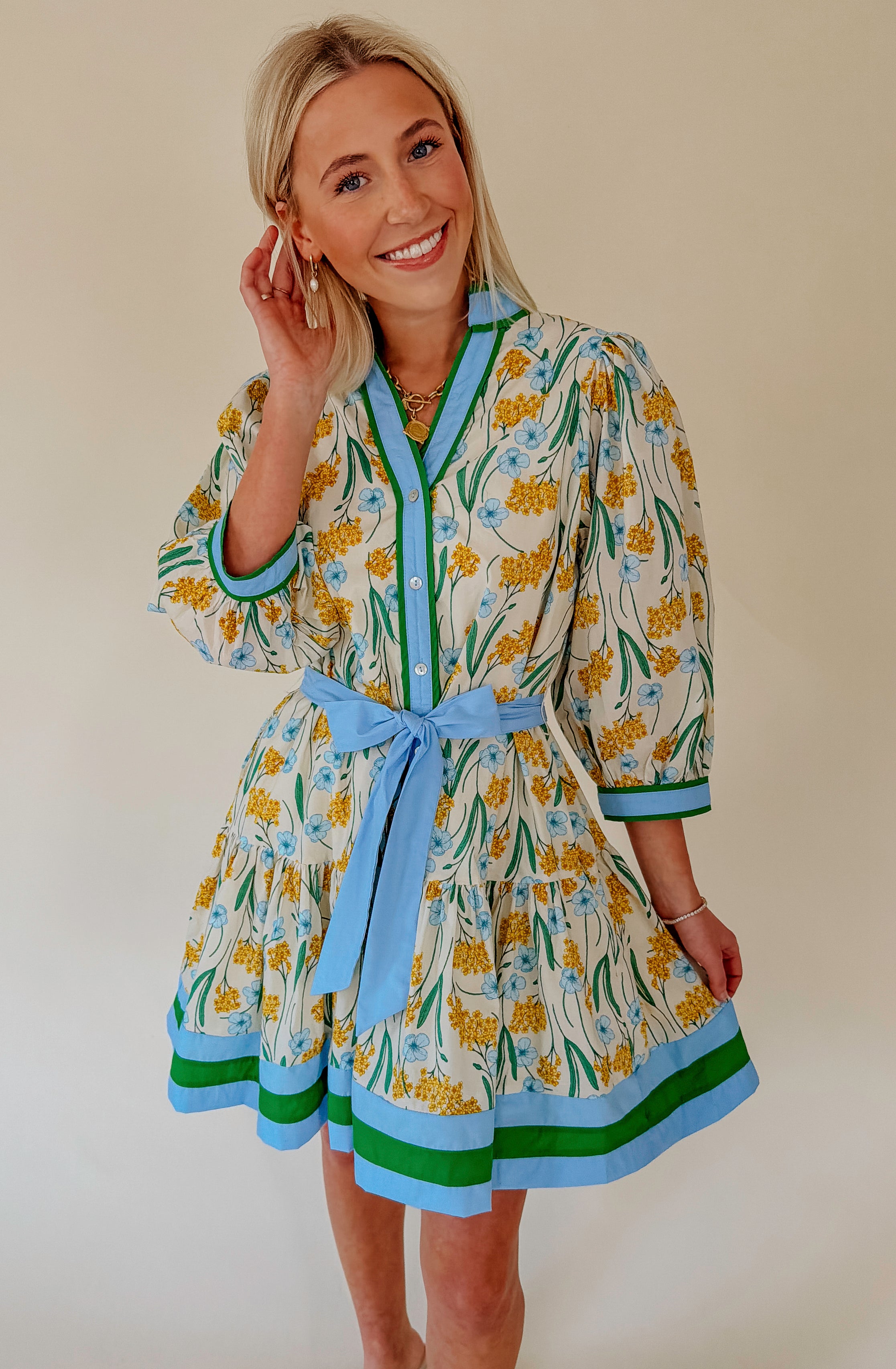 A LITTLE MORE DANDELION BELTED MINI DRESS