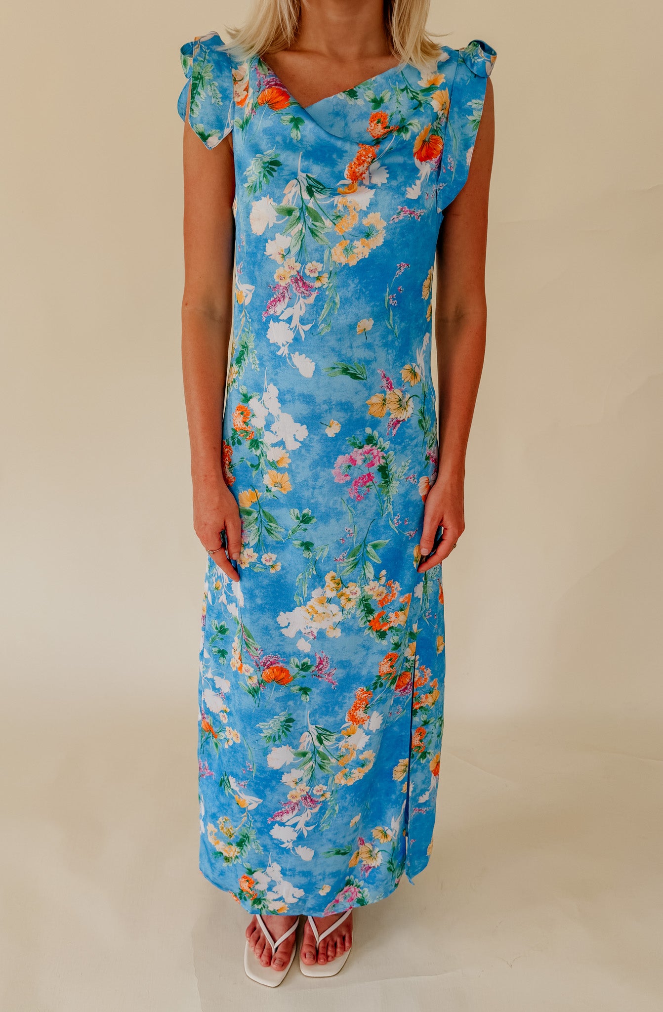 COASTAL BLOOM COWL NECK MIDI DRESS