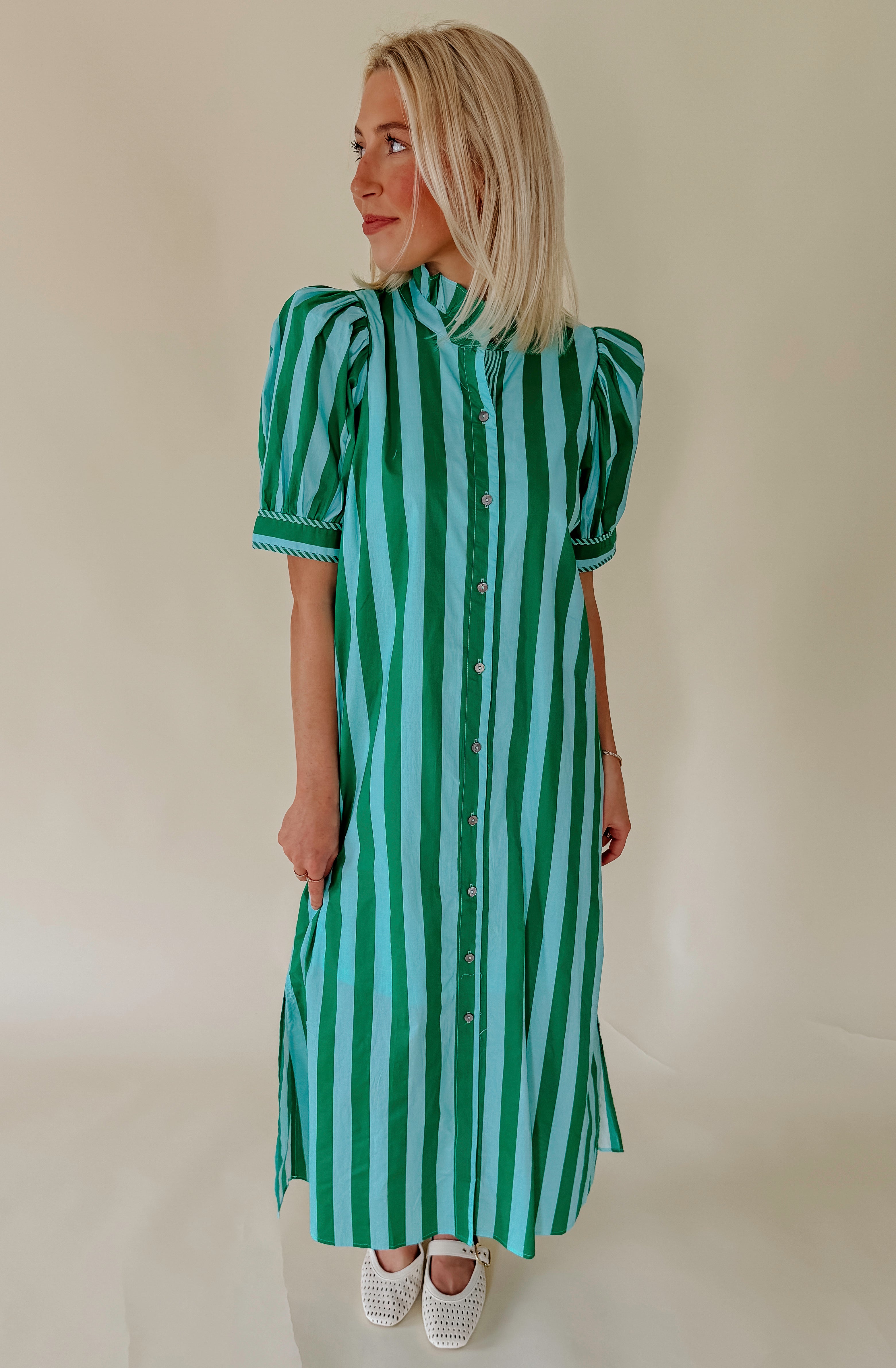 STRIPED TO PERFECTION POPLIN BLEND MIDI DRESS