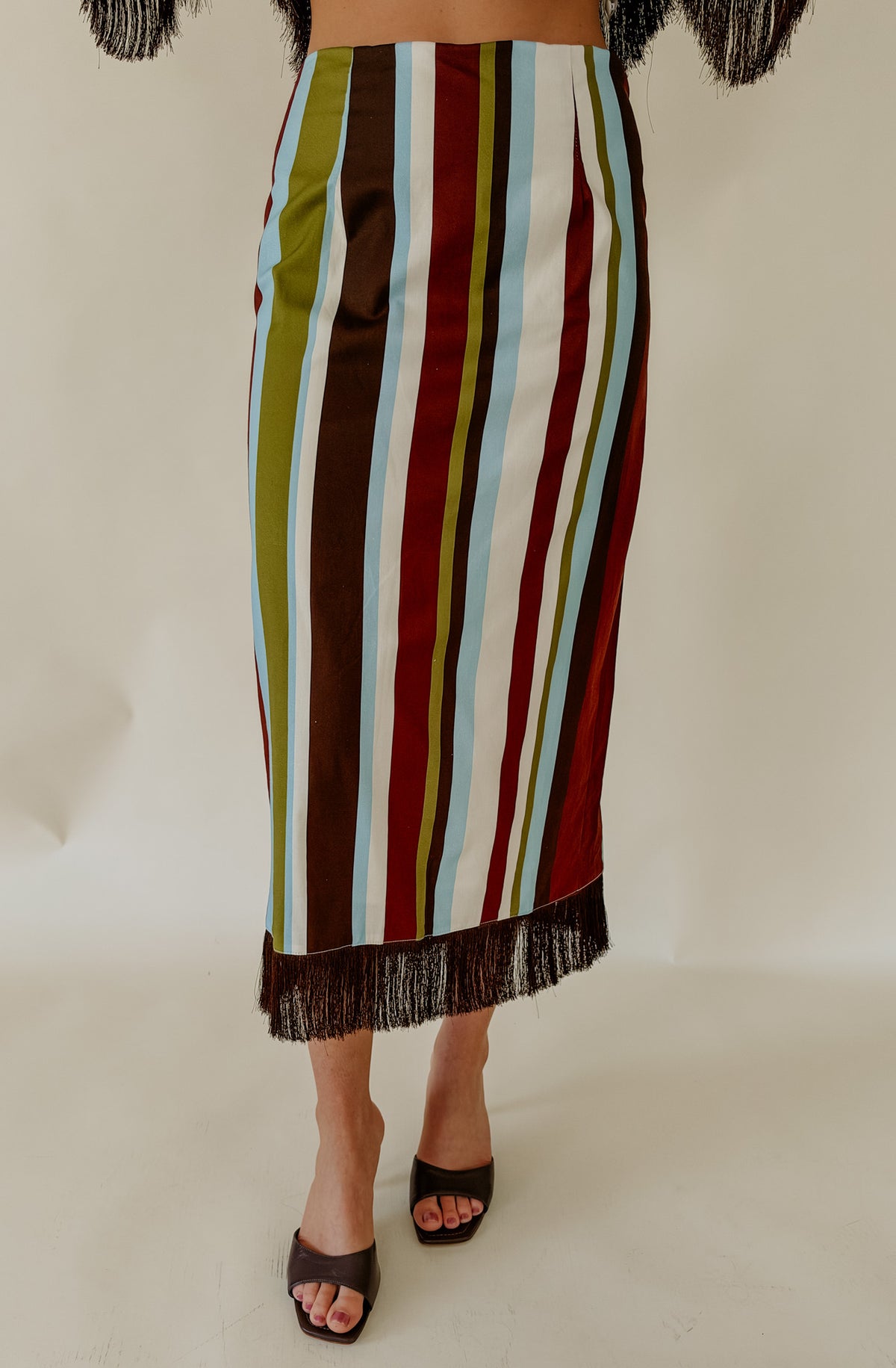DOWN THE LINE STRIPED FRINGE MIDI SKIRT