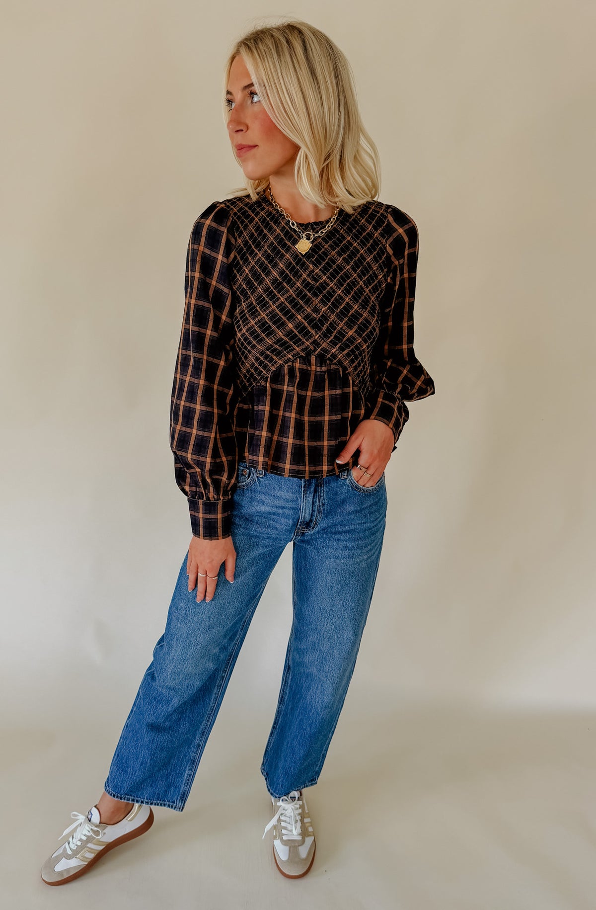 CIEBON LARKIN PLAID SMOCKED BLOUSE