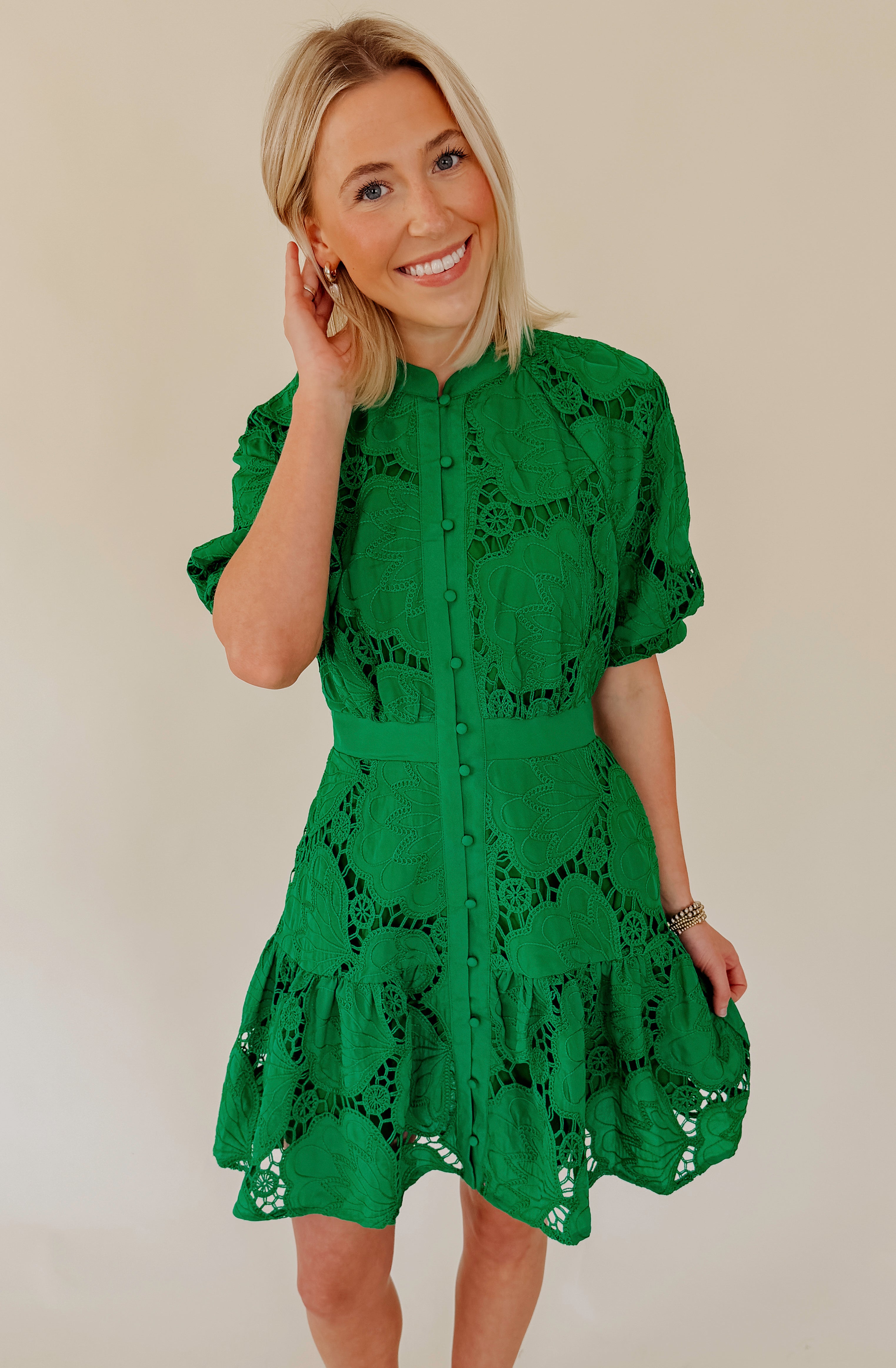 CIEBON GREEN WITH ENVY EMBROIDERED MINI DRESS