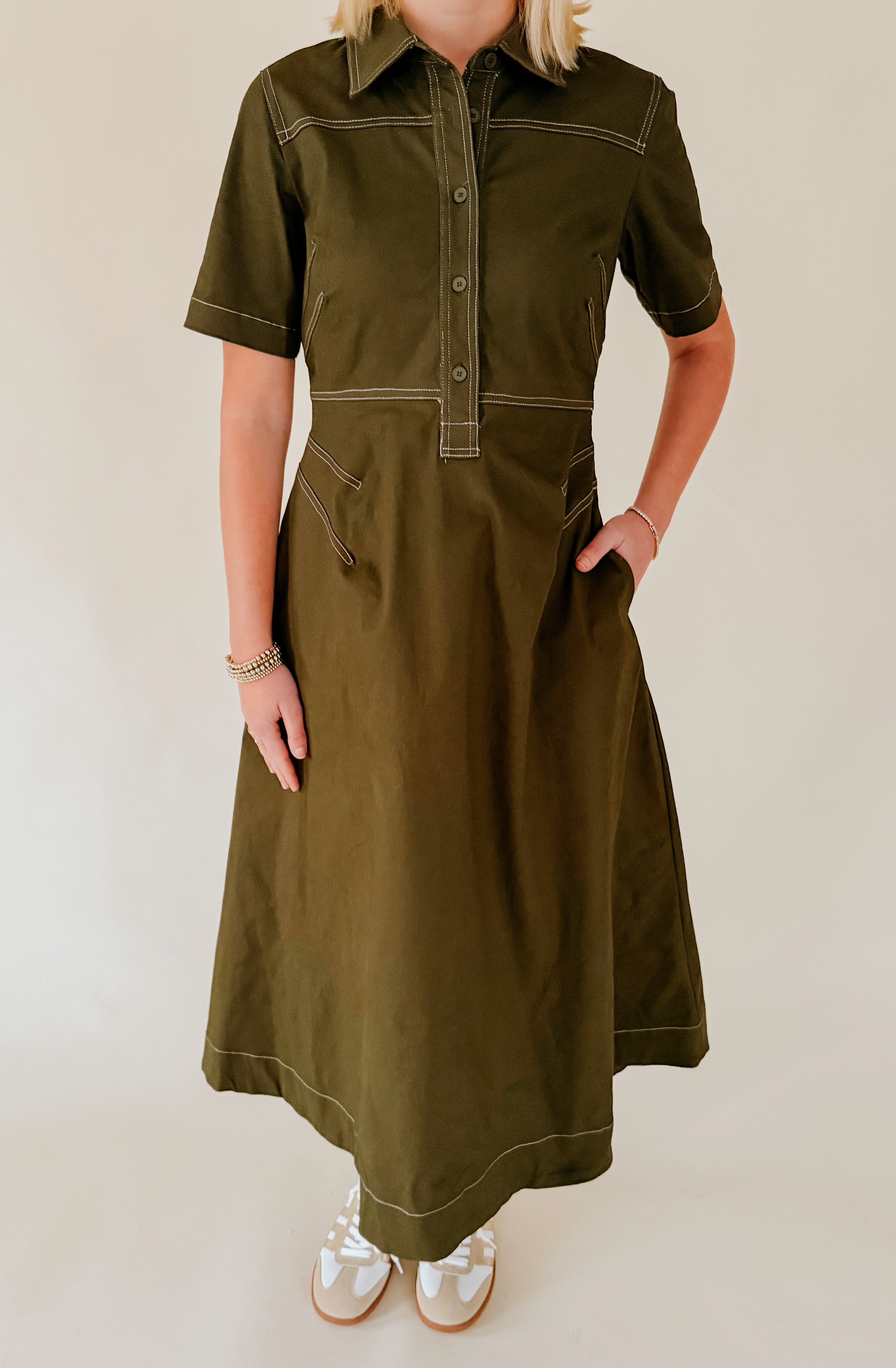 GREEN WITH ENVY STRUCTURED MIDI DRESS