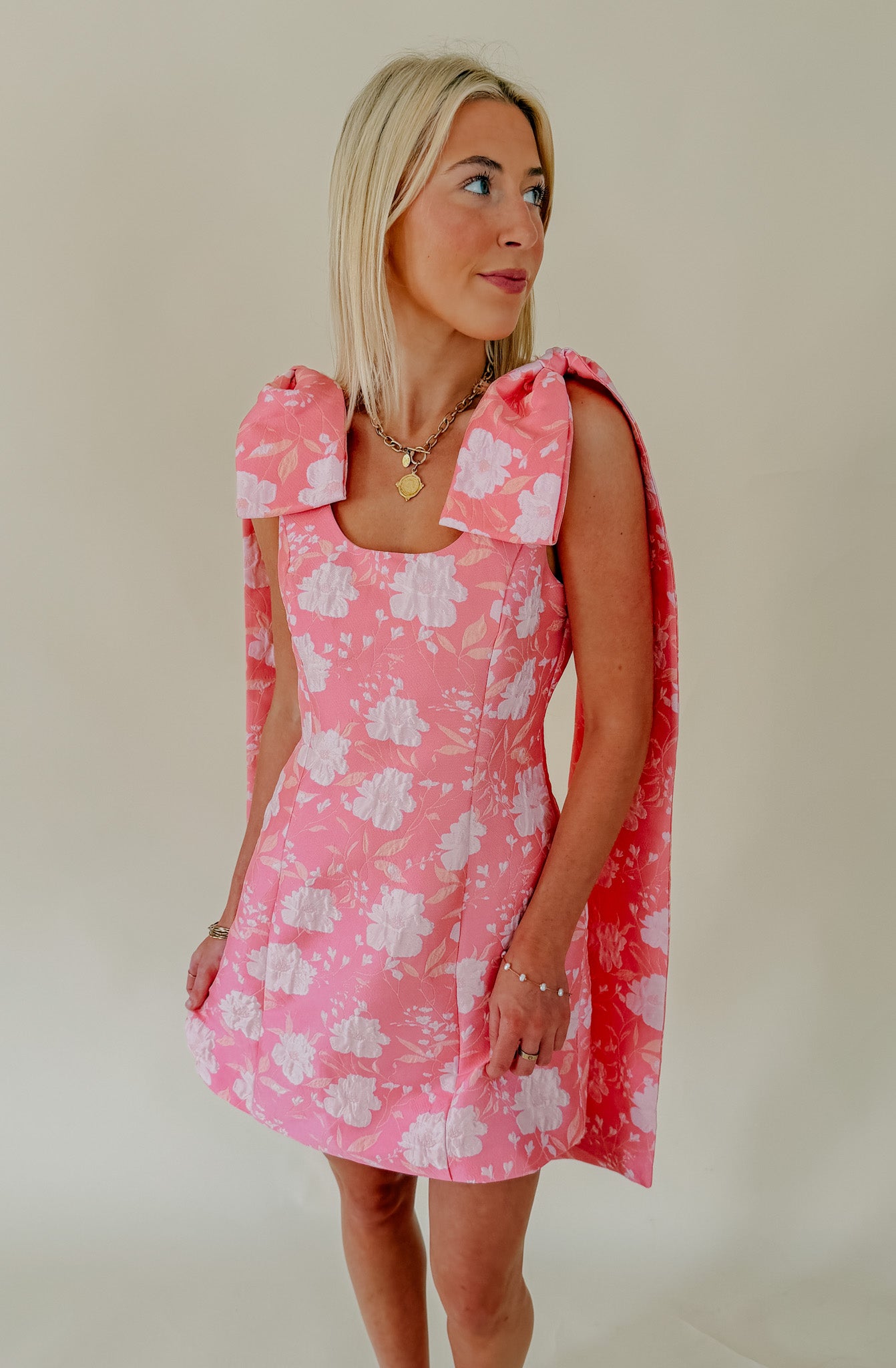 FEELING BUBBLY JACQUARD BOW DETAIL MINI DRESS
