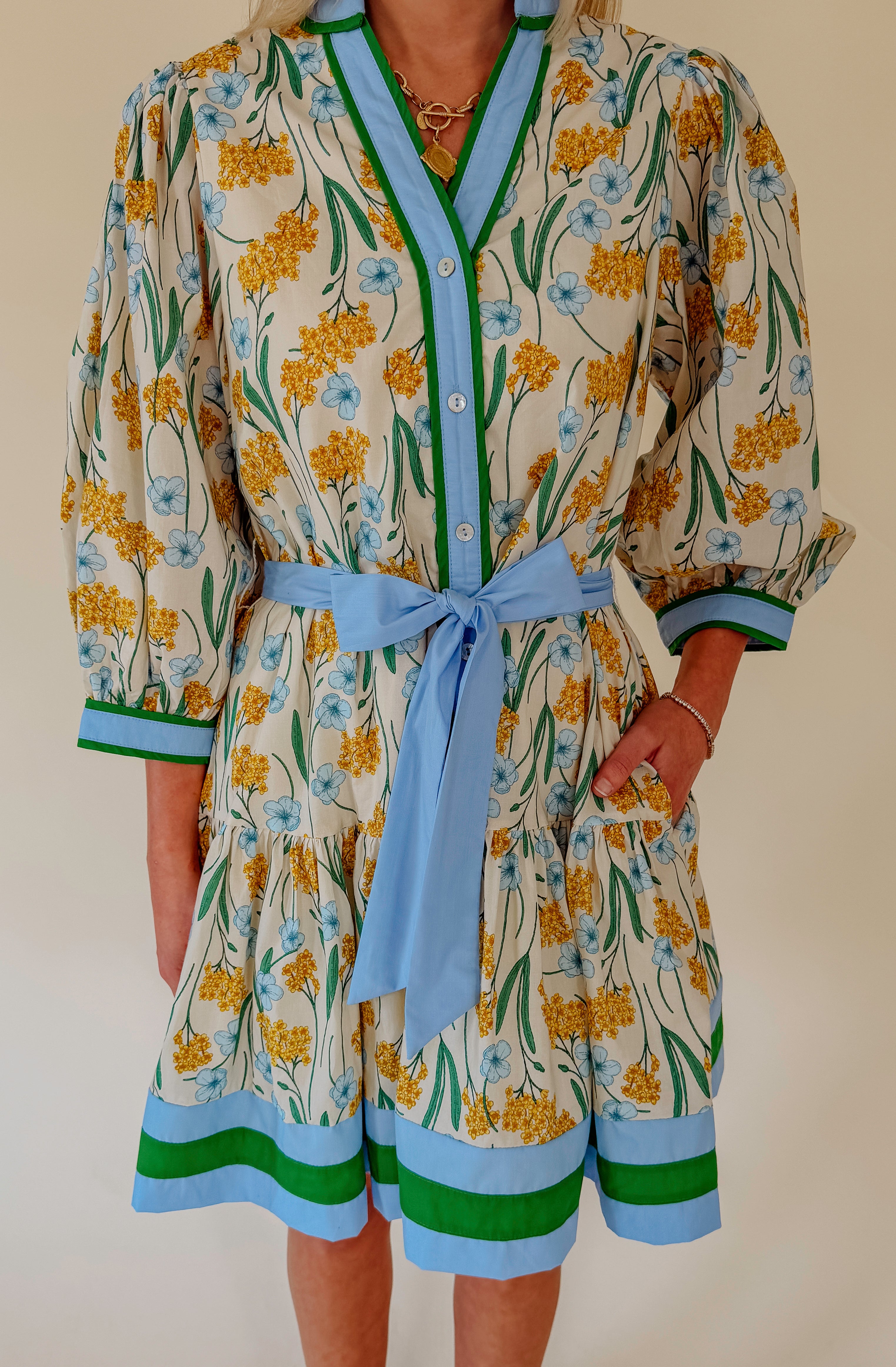 A LITTLE MORE DANDELION BELTED MINI DRESS