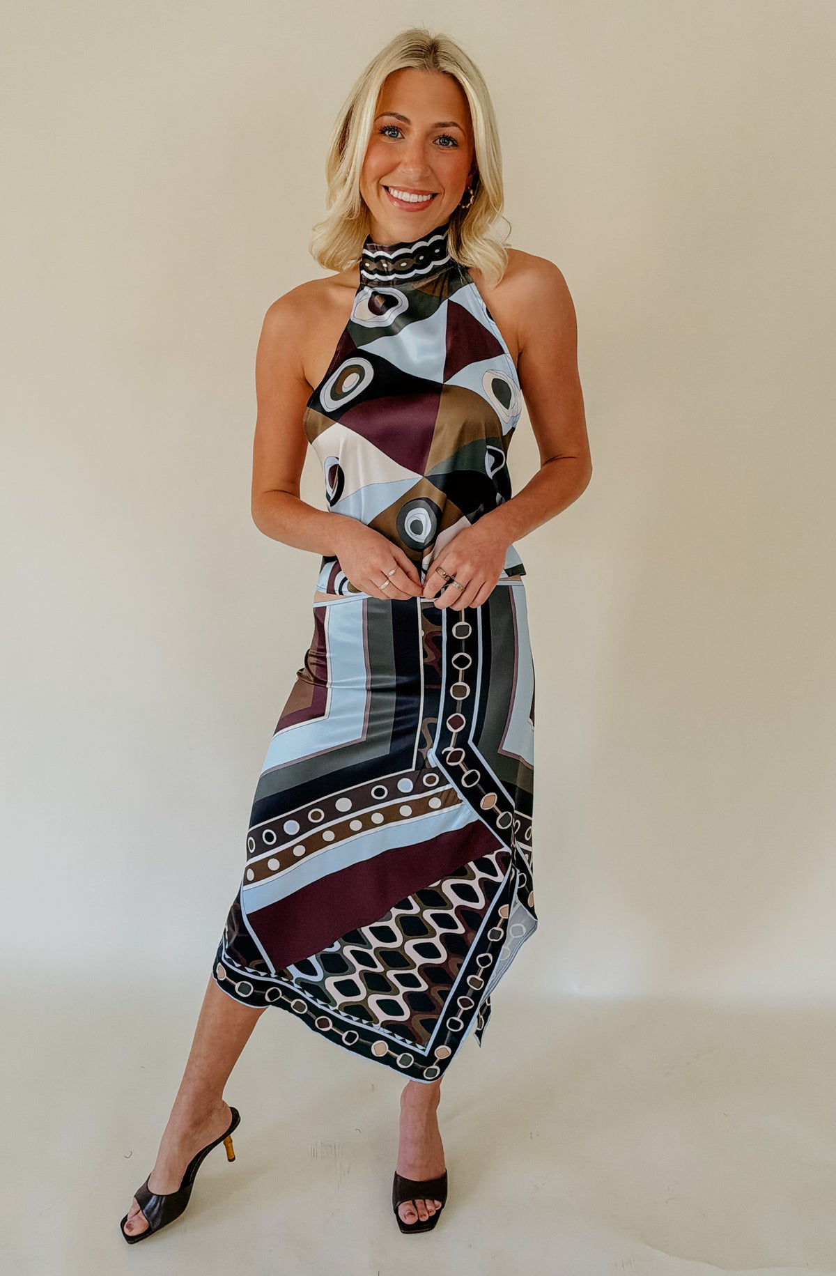 ABSTRACT GEOMETRIC HALTER SKIRT SET