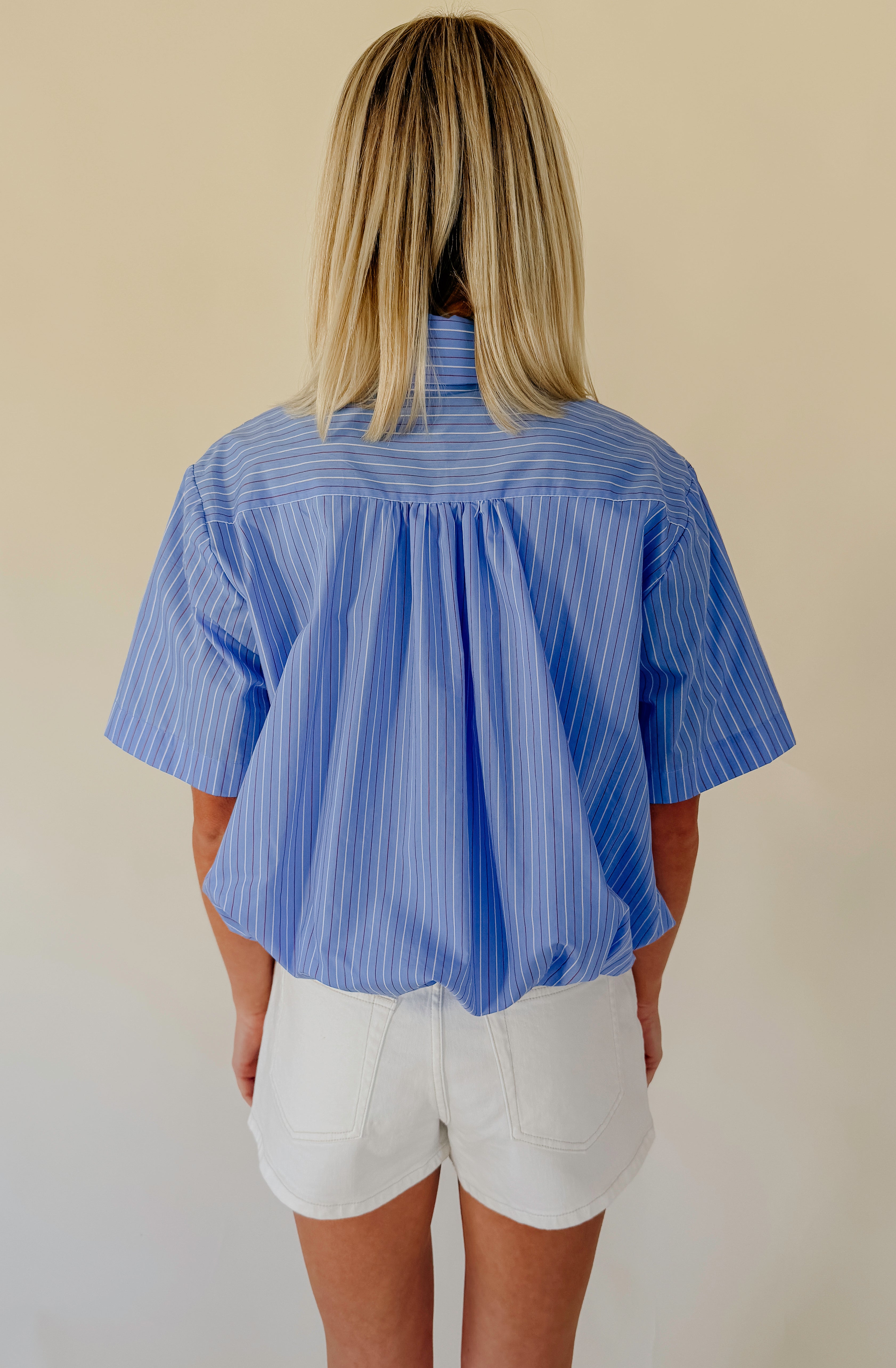 WORK AND PLAY BUTTONED BUBBLE HEM TOP