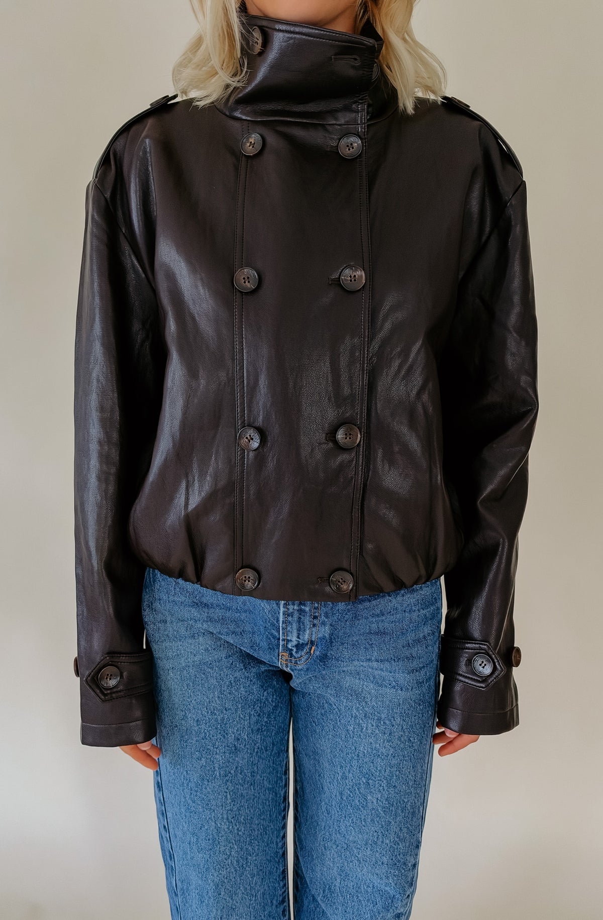LUCY PARIS CORNIA FUNNEL FAUX LEATHER JACKET