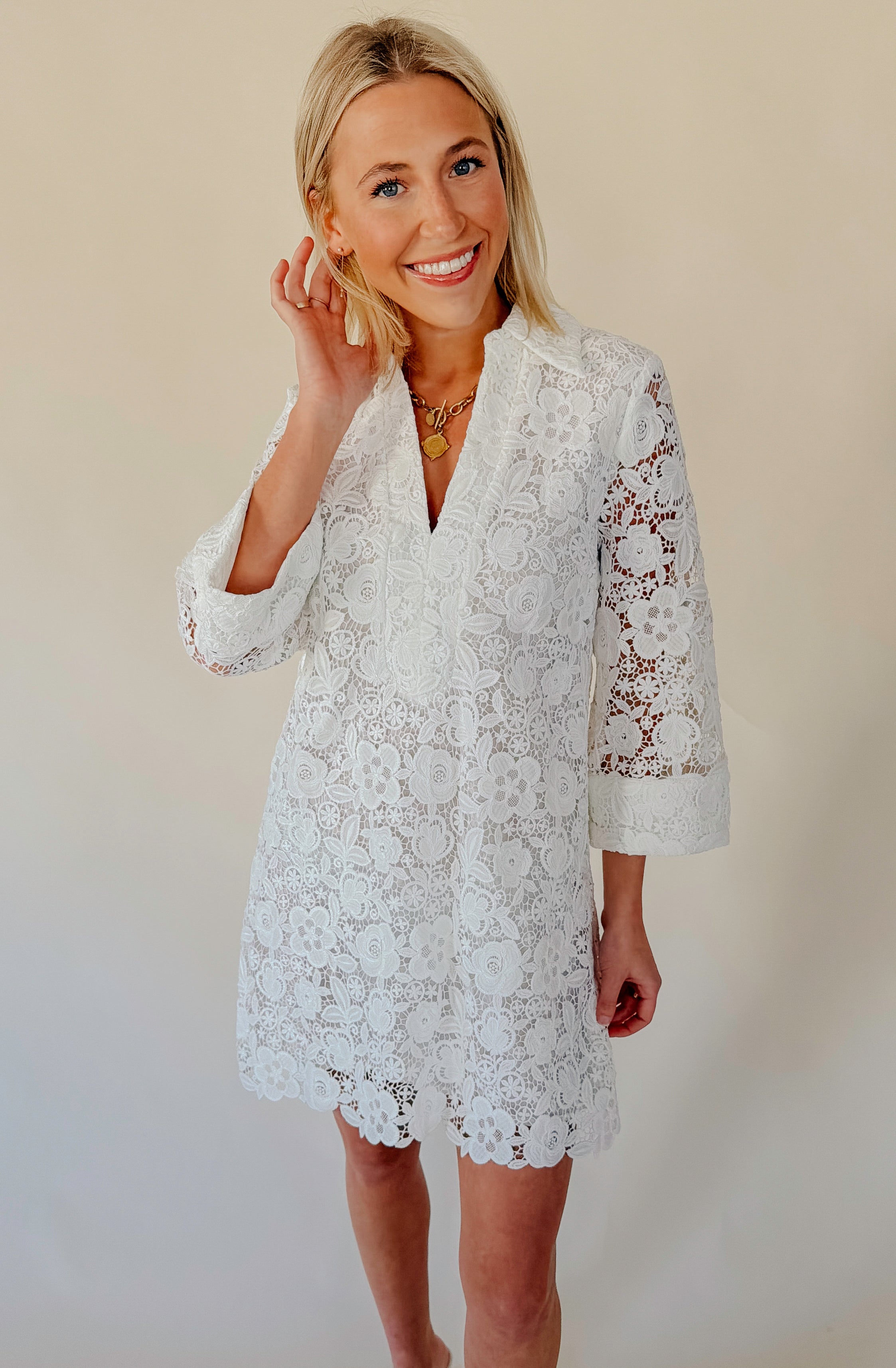 GUIPURE LACE MINI SHIFT DRESS