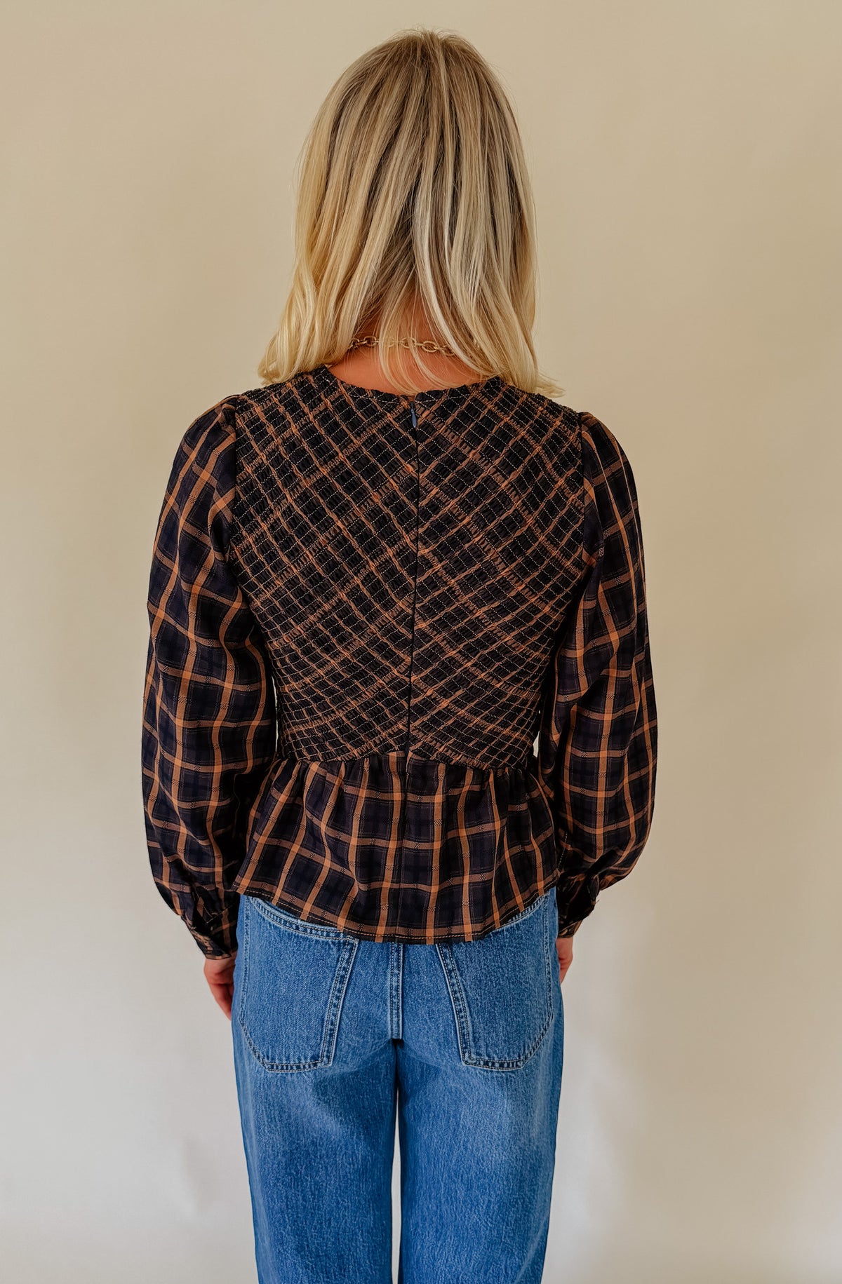 CIEBON LARKIN PLAID SMOCKED BLOUSE