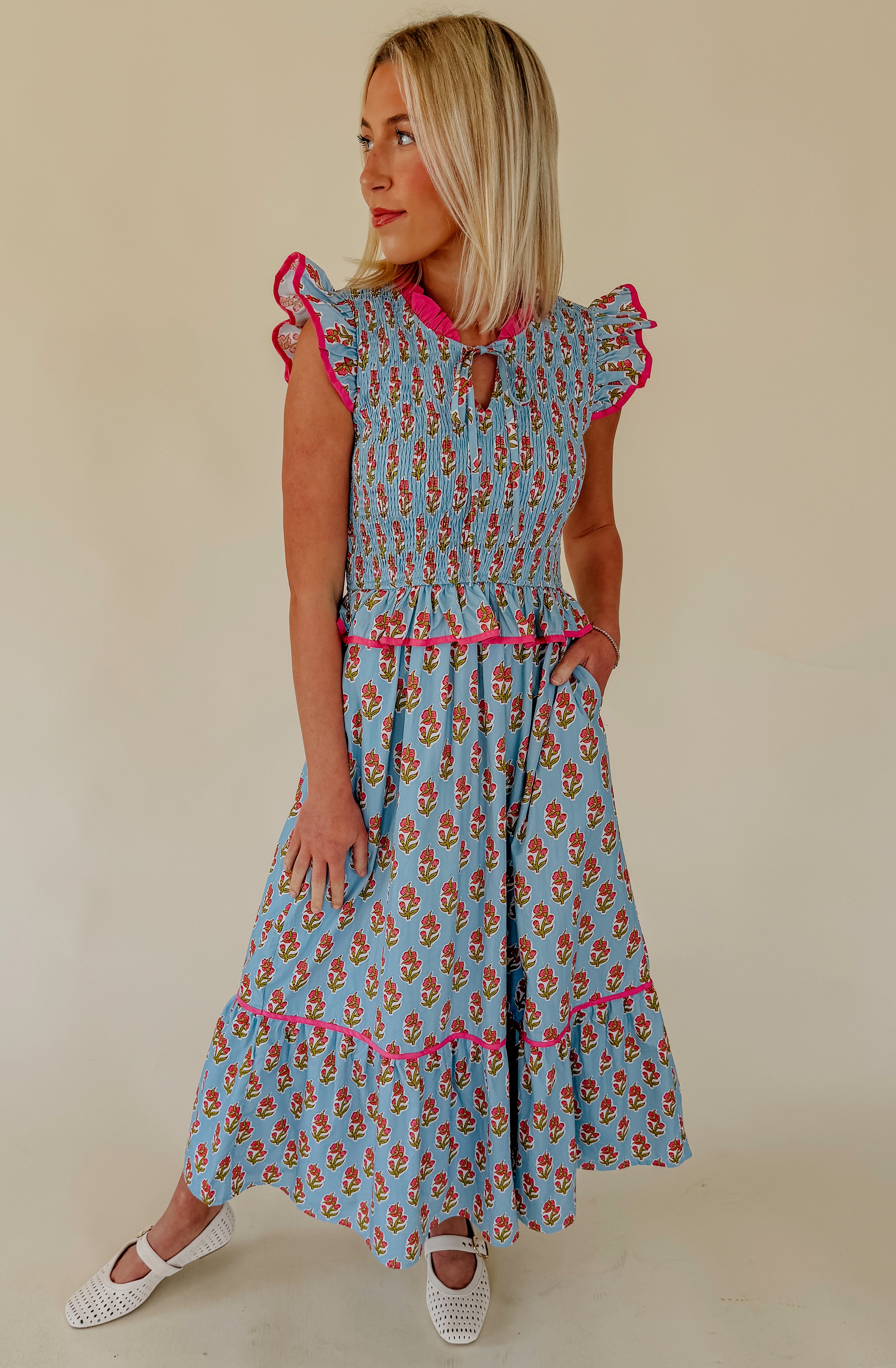 PETAL FORWARD SMOCKED MIDI DRESS
