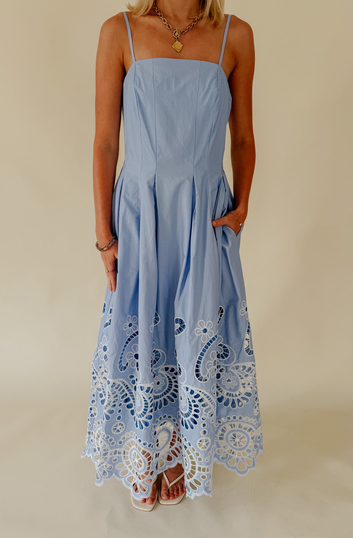 CAUGHT IN THE BREEZE EYELET MIDI DRESS