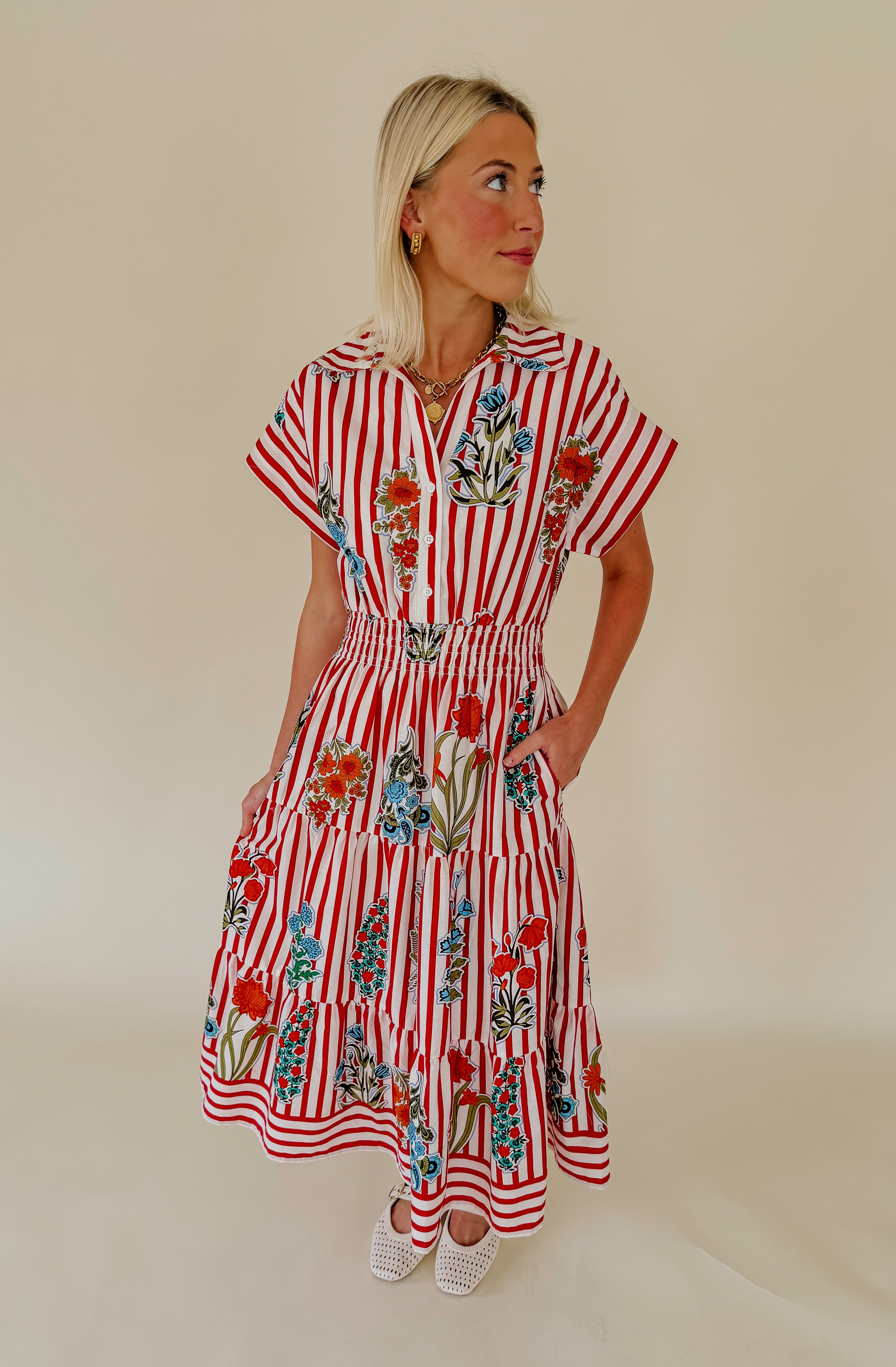 PUERTO RICO COLLARED MIDI DRESS