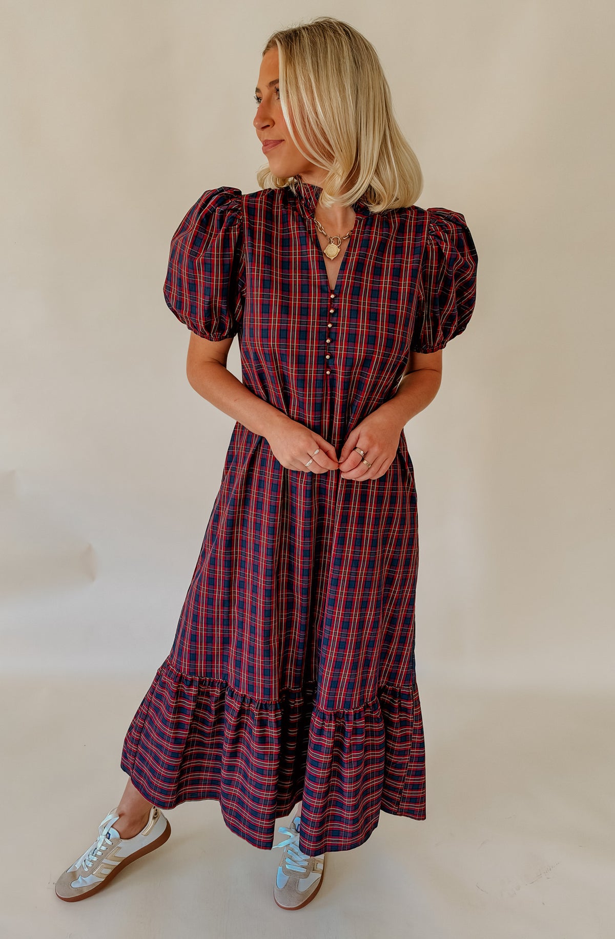 PLAID TO MEET YOU GINGHAM MIDI DRESS
