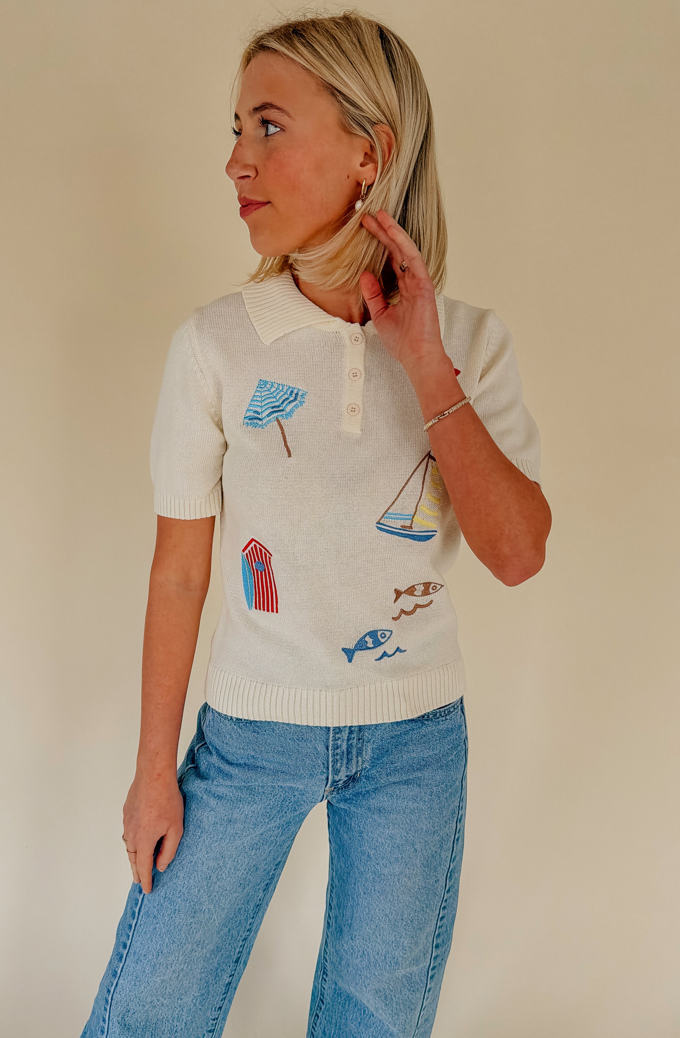 SET SAIL EMBROIDERED POLO SWEATER