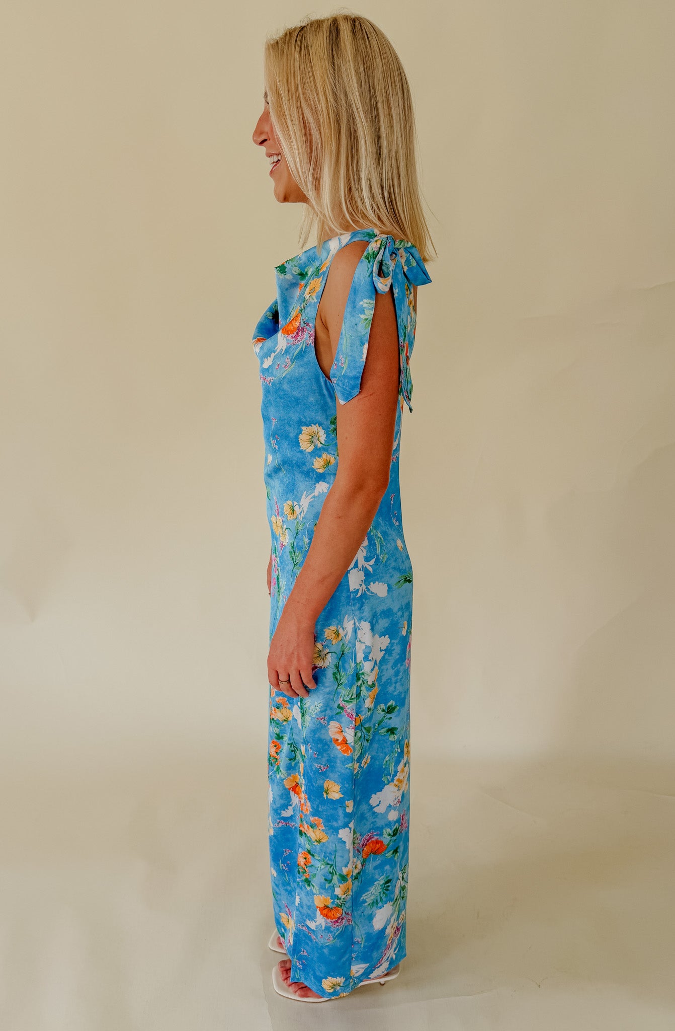 COASTAL BLOOM COWL NECK MIDI DRESS