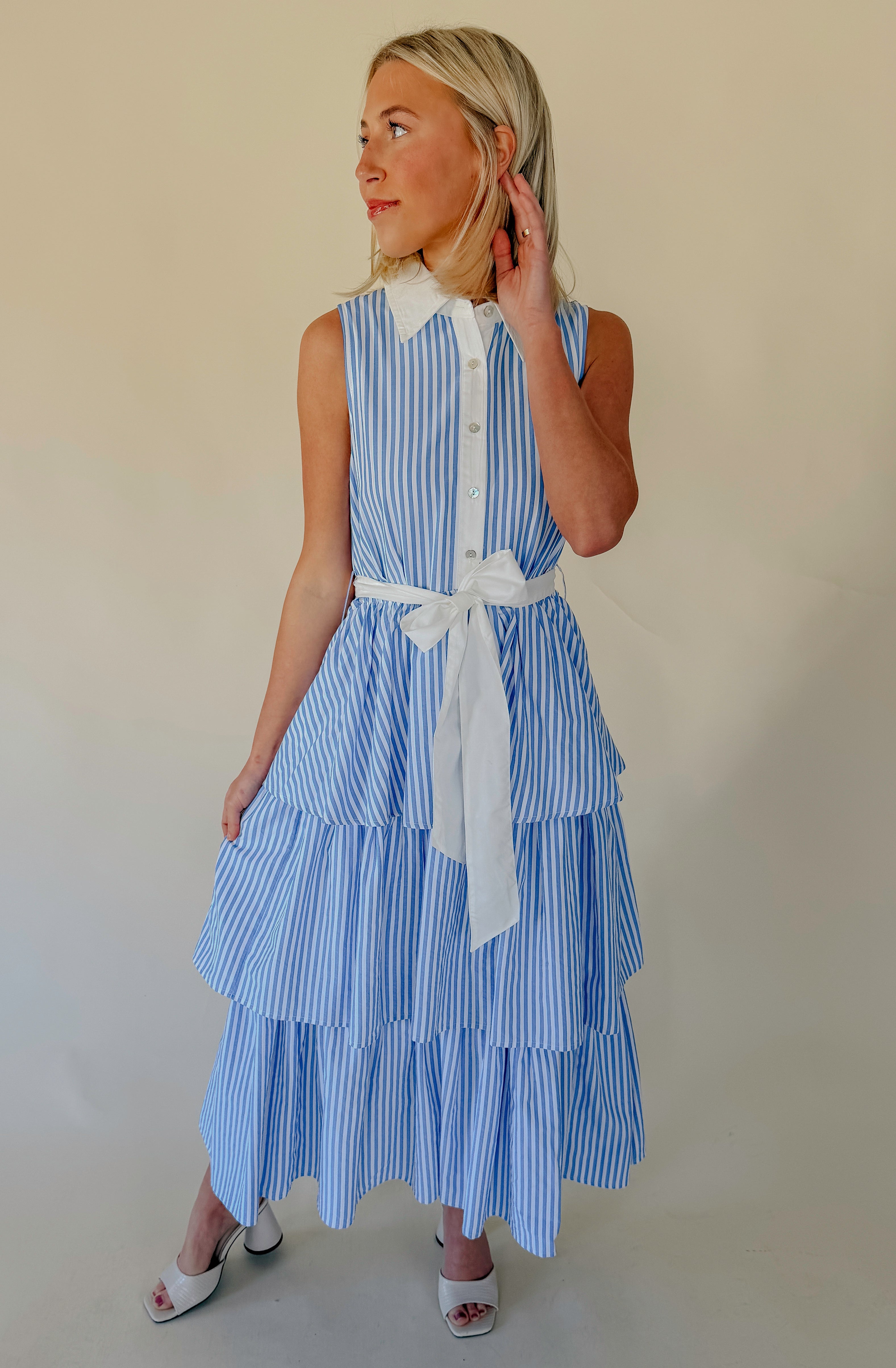 SHORE THING STRIPED MIDI DRESS