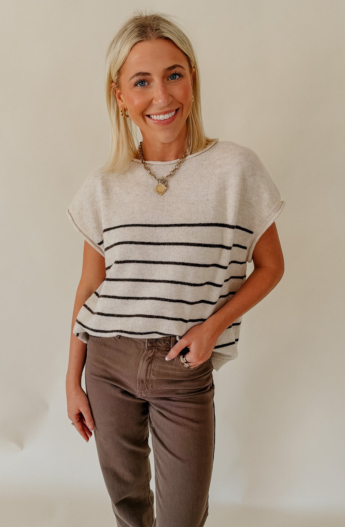 EASY DOES IT STRIPED CAP SLEEVED SWEATER
