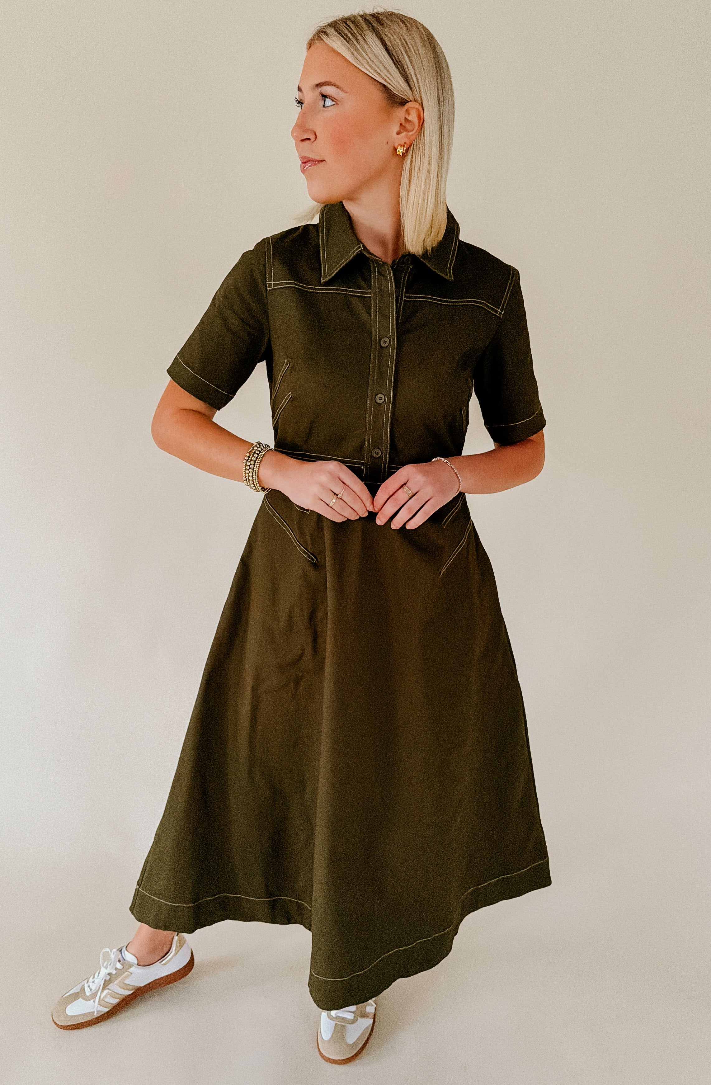 GREEN WITH ENVY STRUCTURED MIDI DRESS