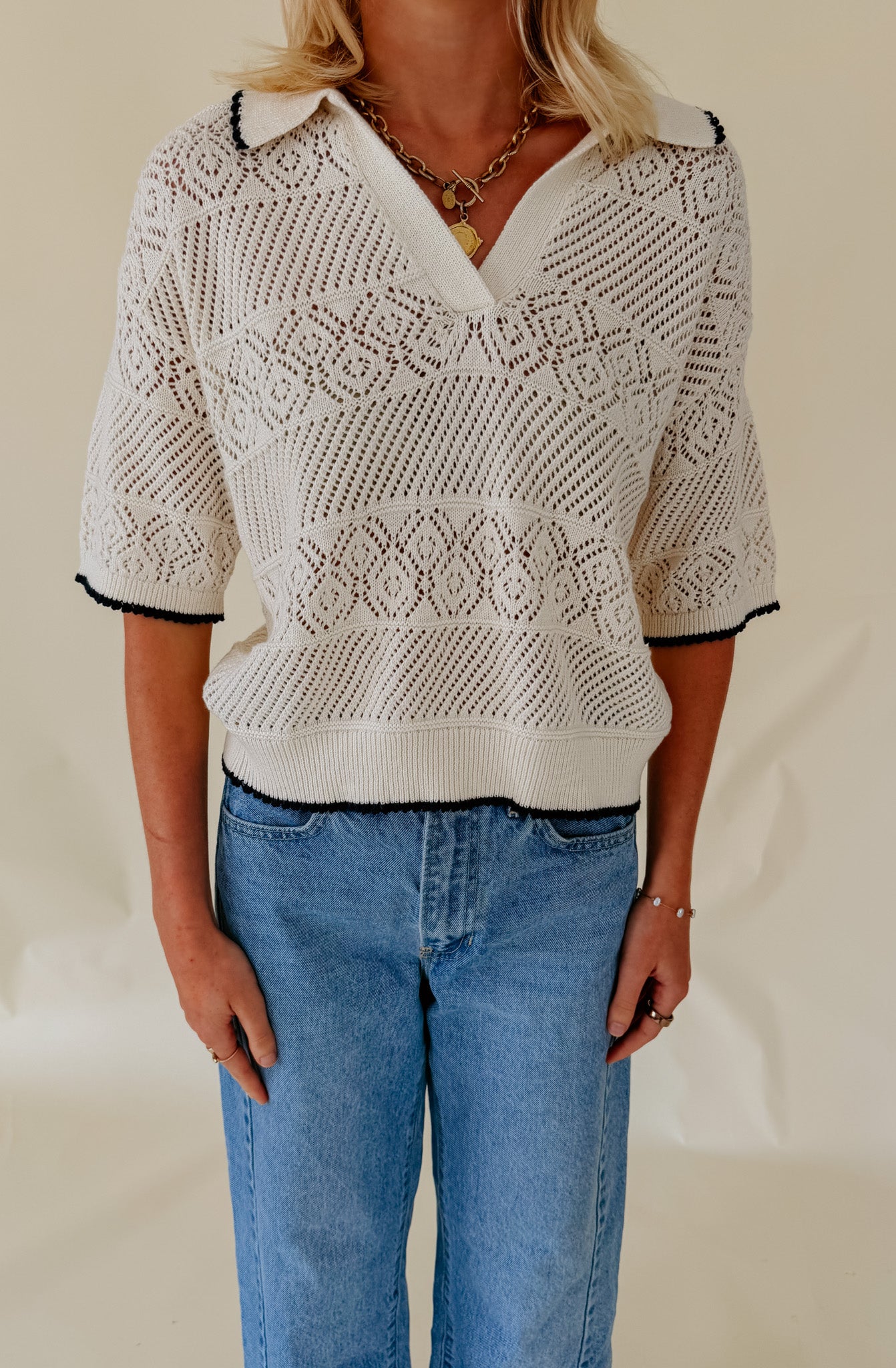 Z SUPPLY DENMAN CROCHET POLO SWEATER
