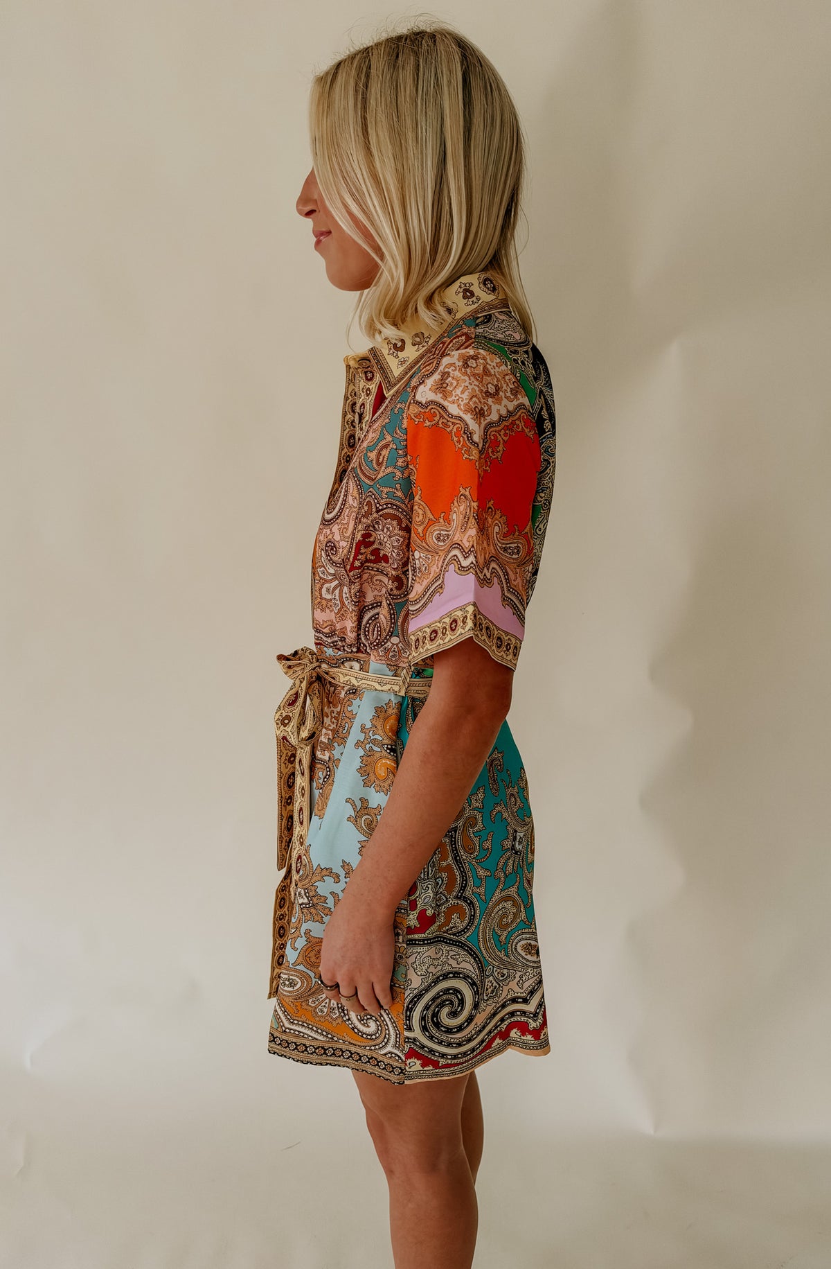 PAISLEY PRINTED BELTED MINI DRESS