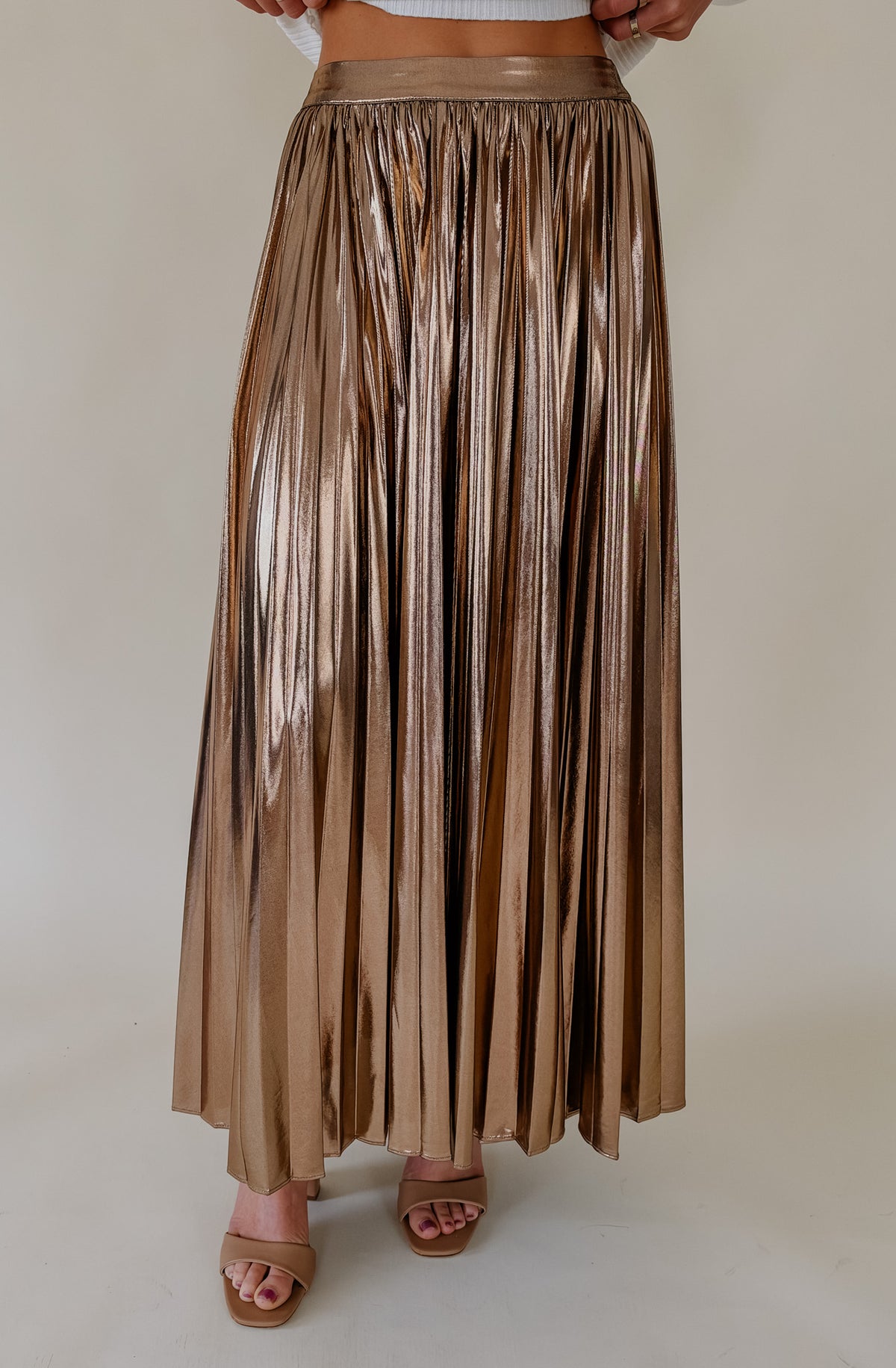 SHINE BRIGHT PLEATED MIDI SKIRT