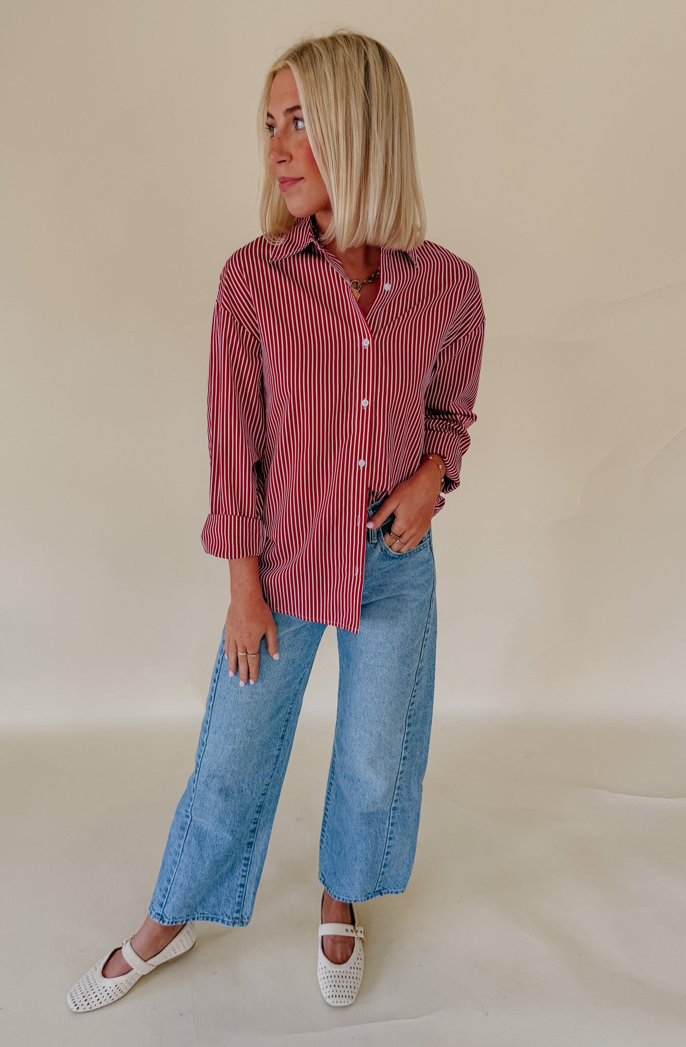 RED YOU RIGHT STRIPED POPLIN BLEND BUTTON UP