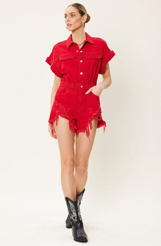 GAMEDAY ERA DISTRESSED DENIM ROMPER