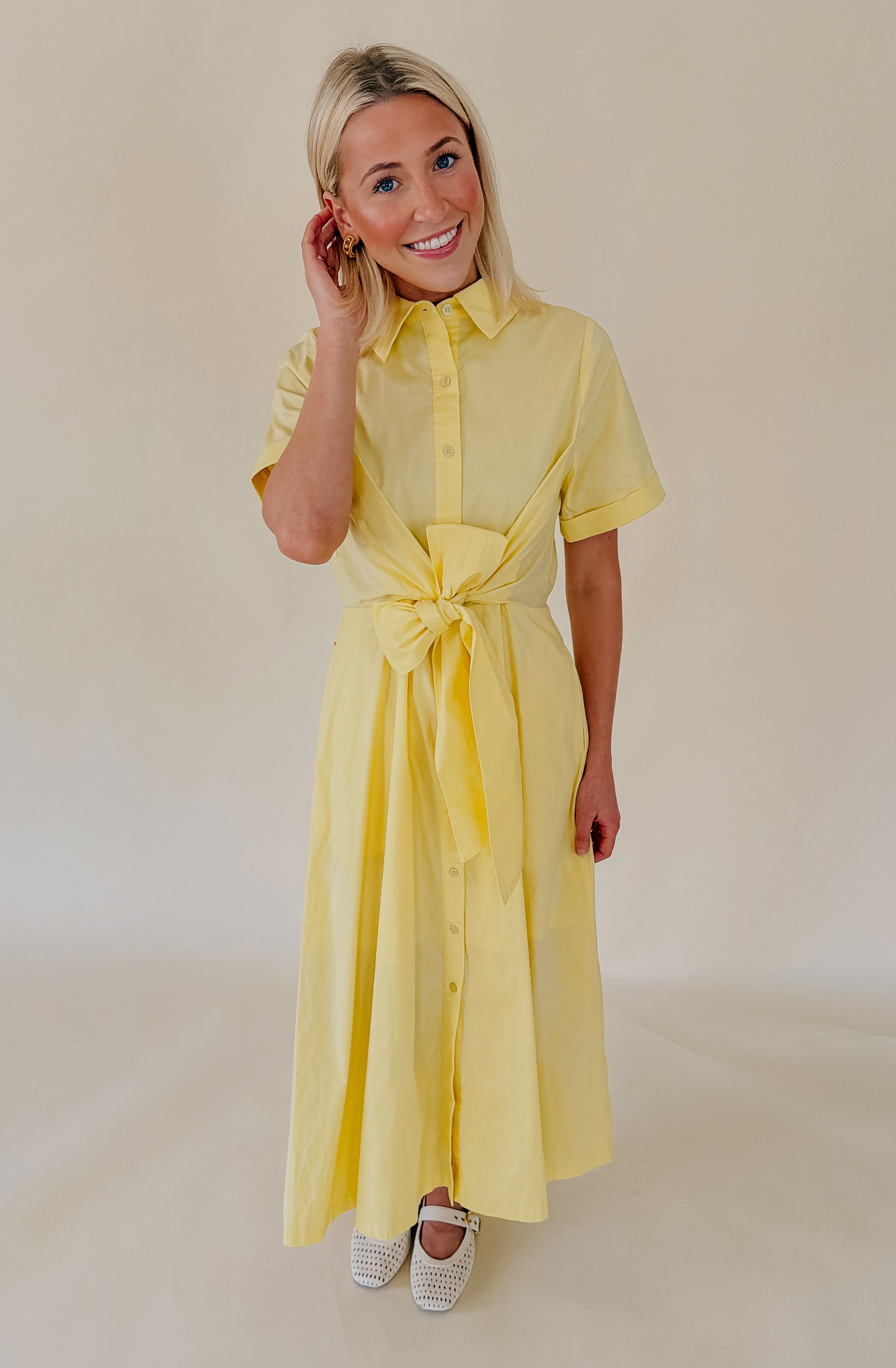 THE ESSENTIAL POPLIN BLEND TIE WAIST MIDI DRESS