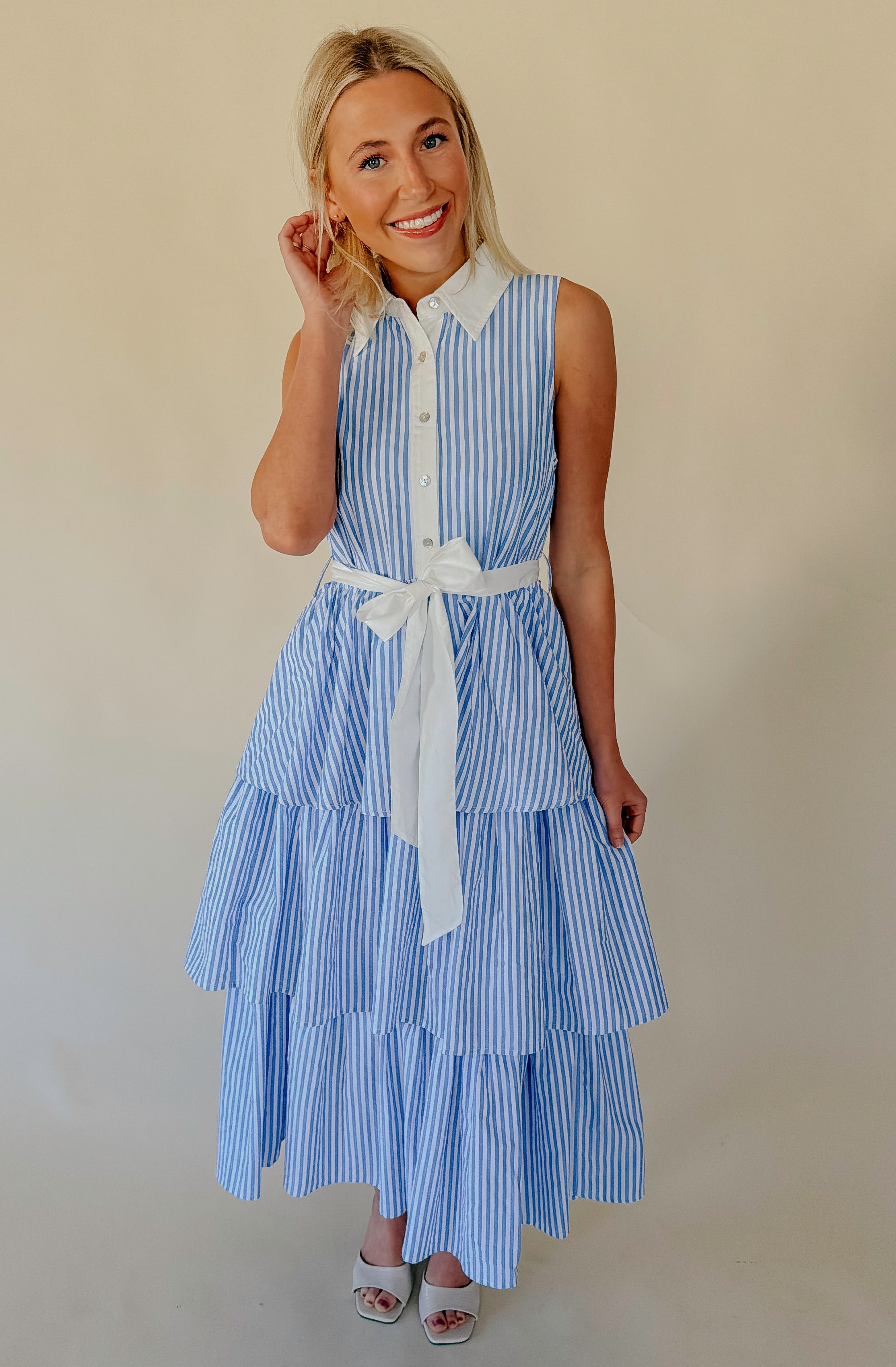 SHORE THING STRIPED MIDI DRESS
