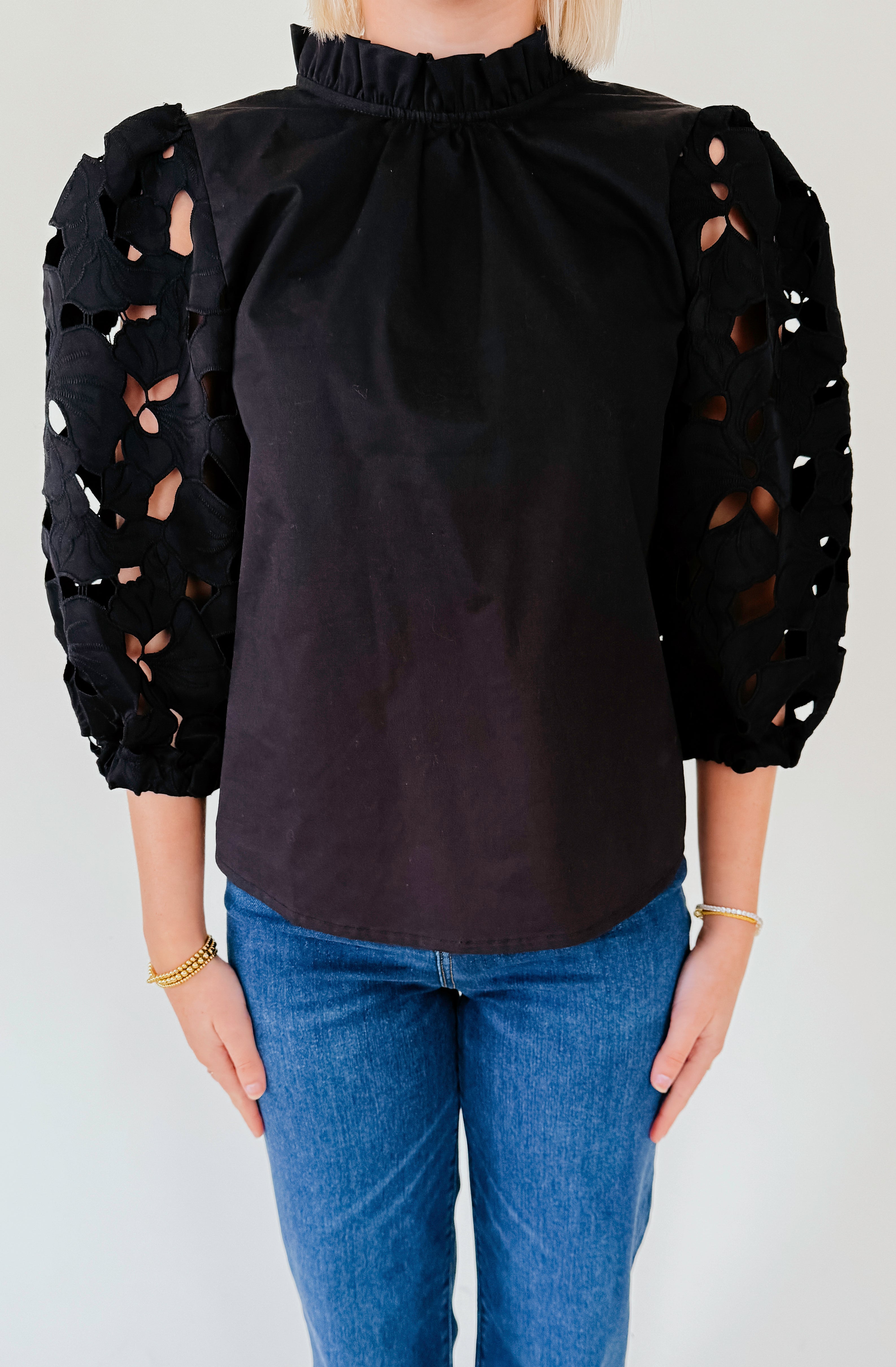 BACK IN BLACK EYELET SLEEVE BLOUSE