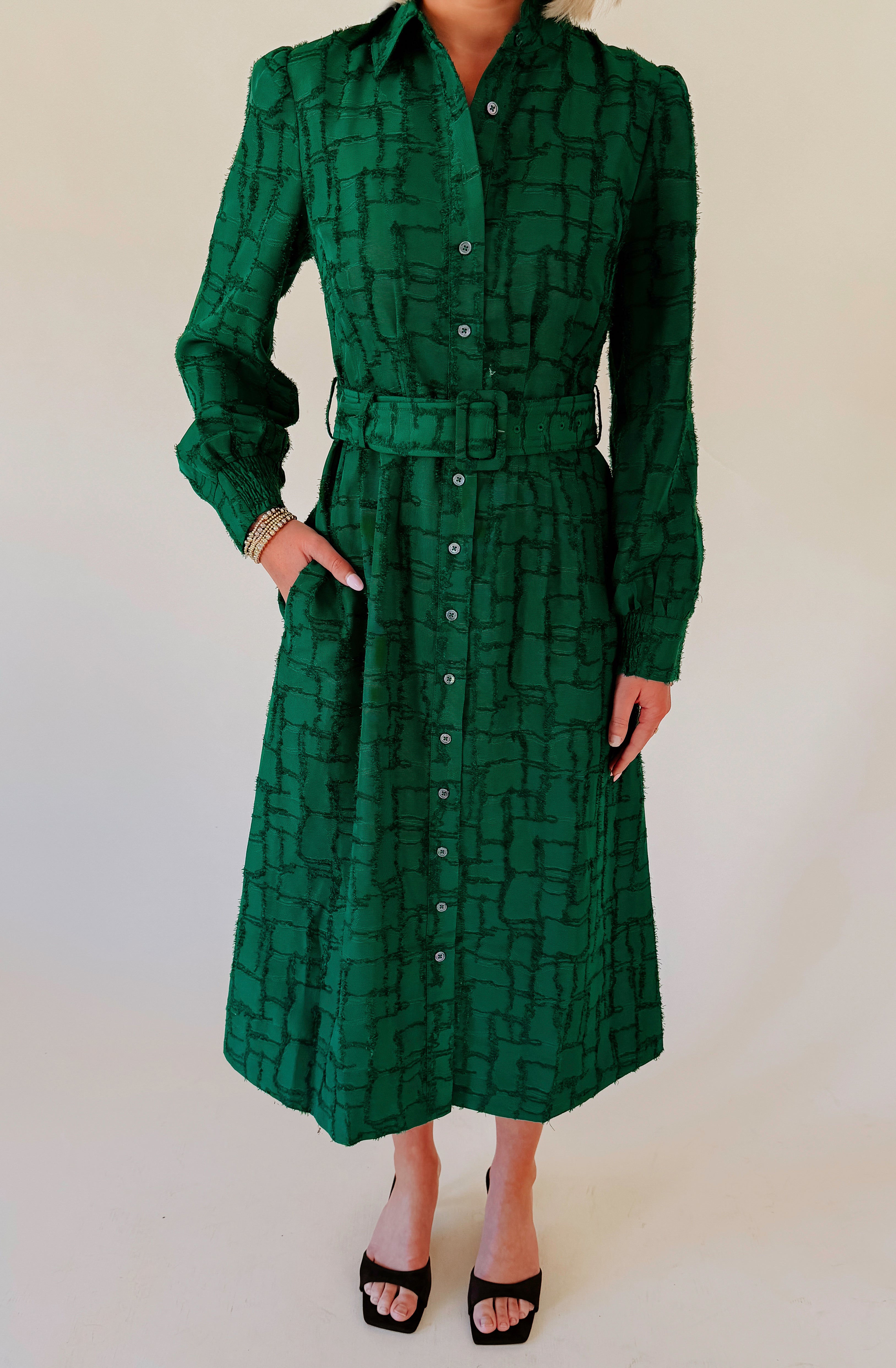 HOLIDAYS IN THE HEIGHTS BELTED MIDI DRESS