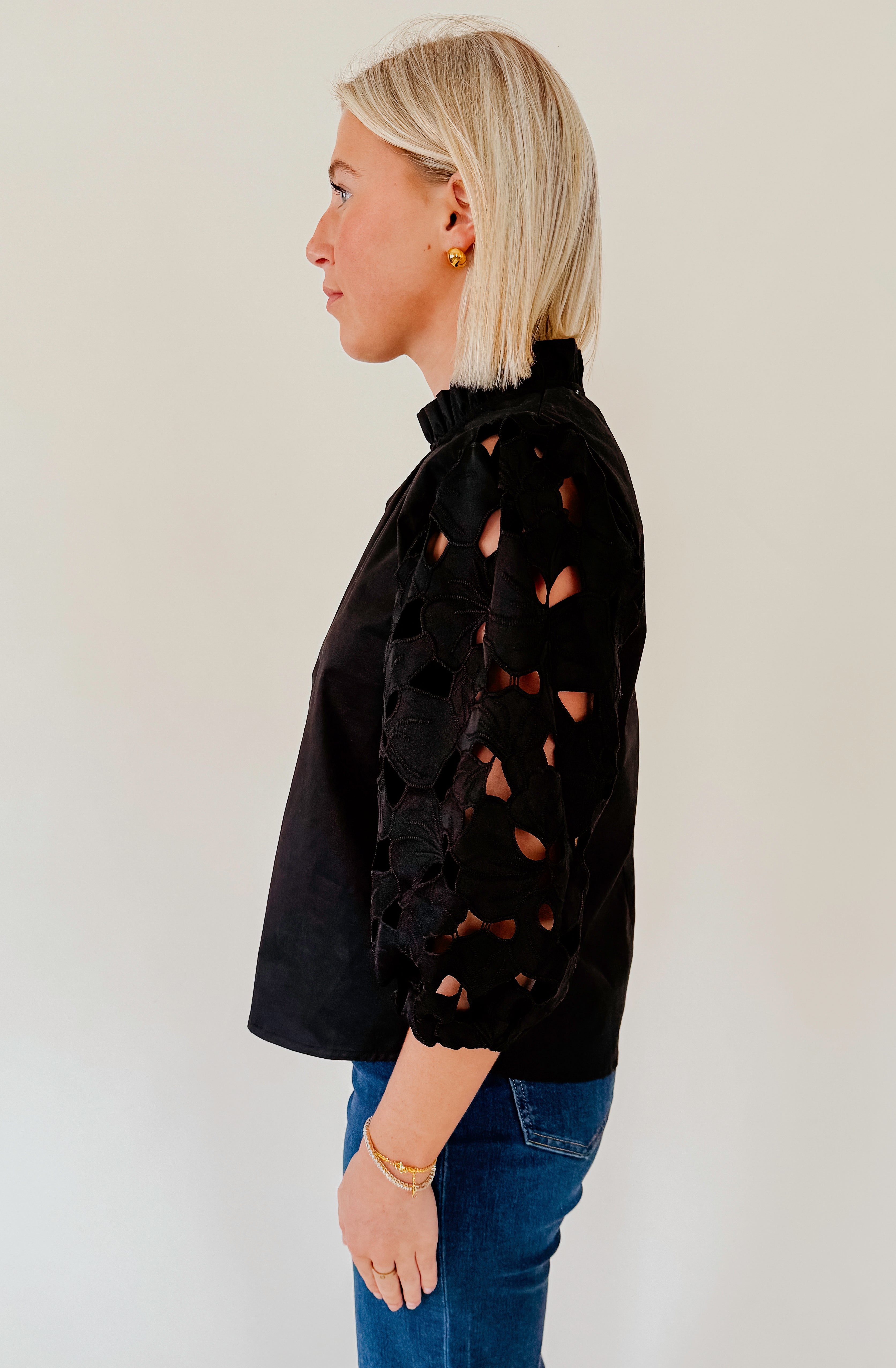 BACK IN BLACK EYELET SLEEVE BLOUSE