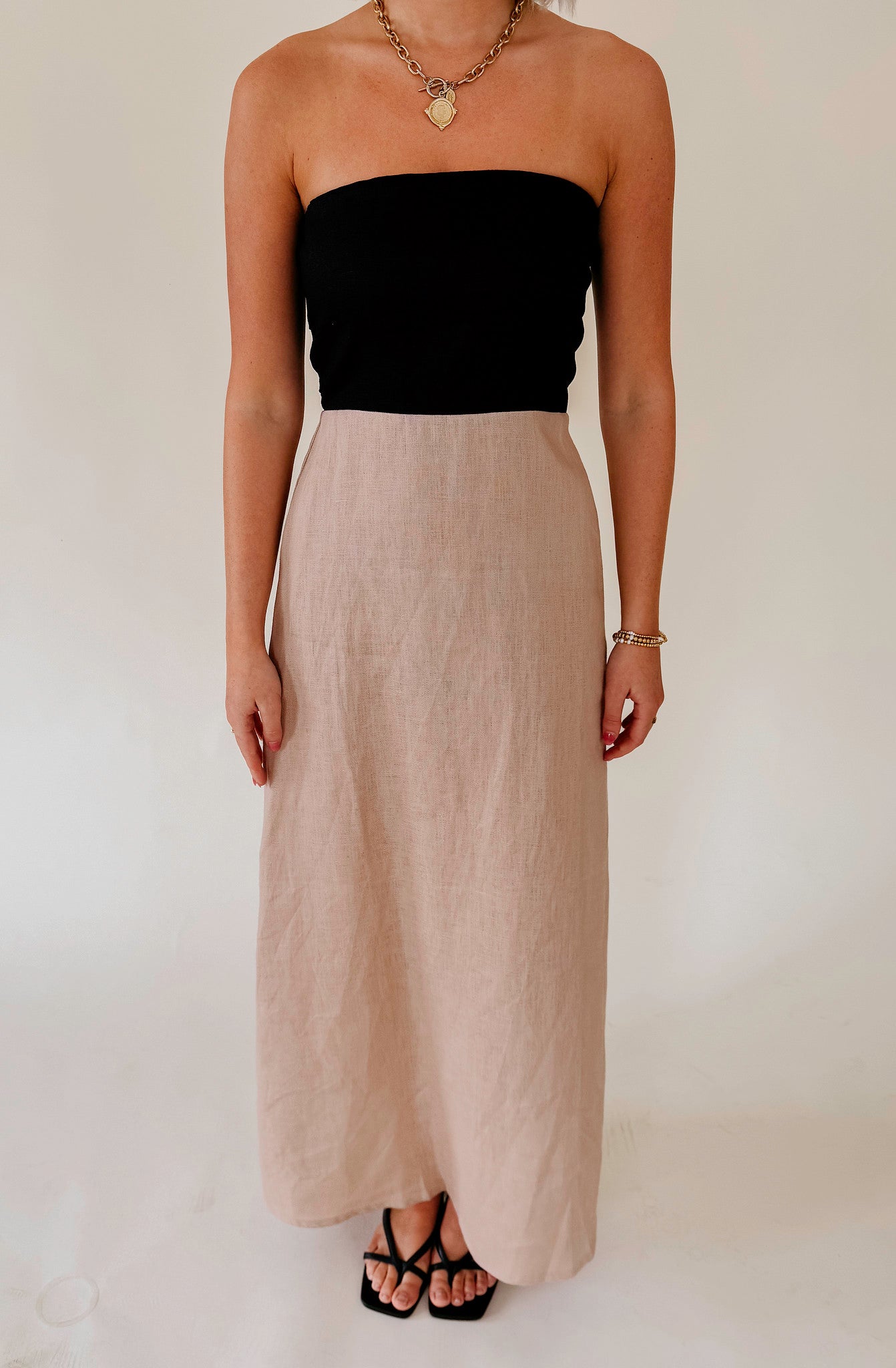 BLOCKED OFF STRAPLESS DRESS