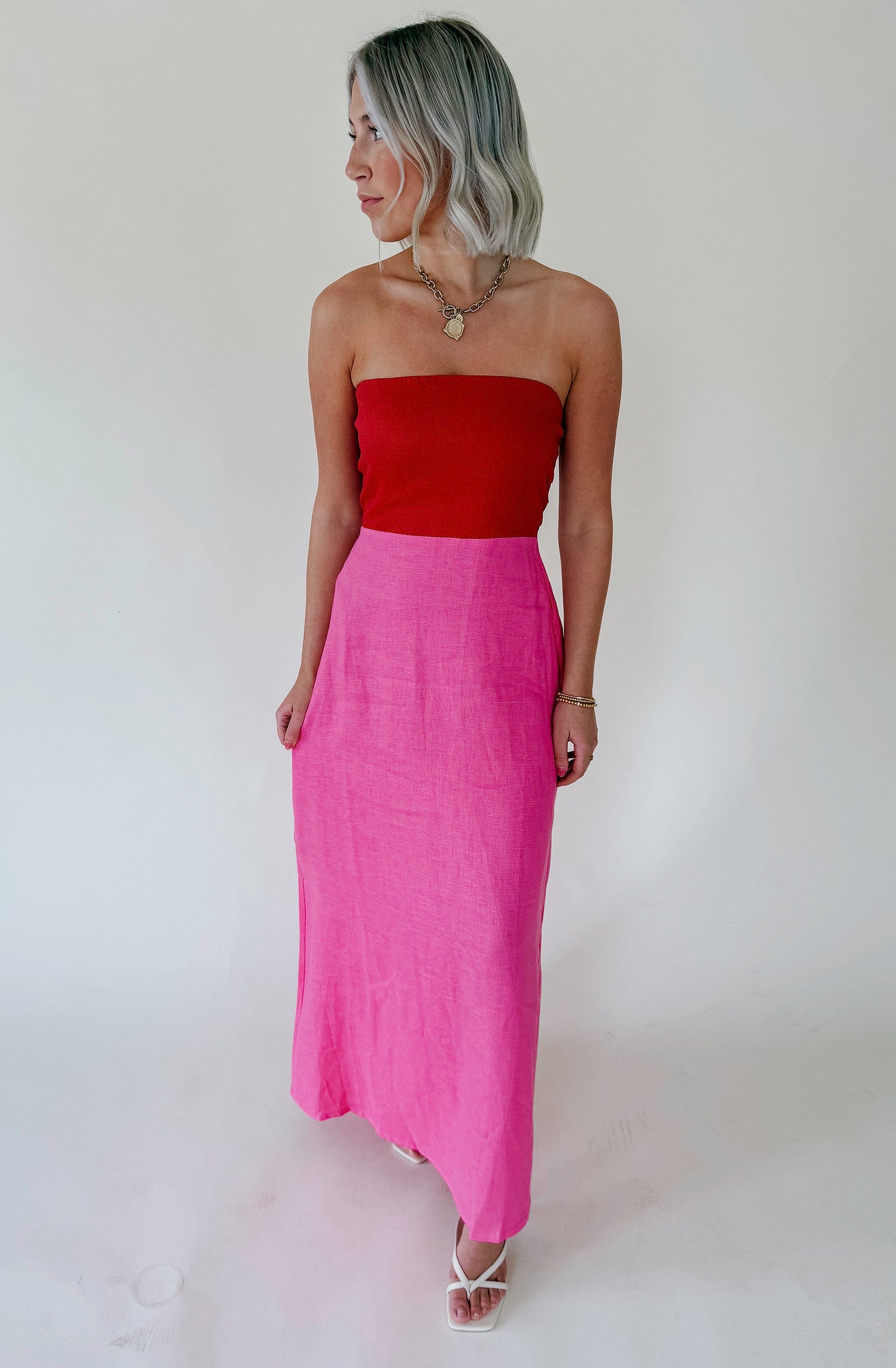 BLOCKED OFF STRAPLESS DRESS