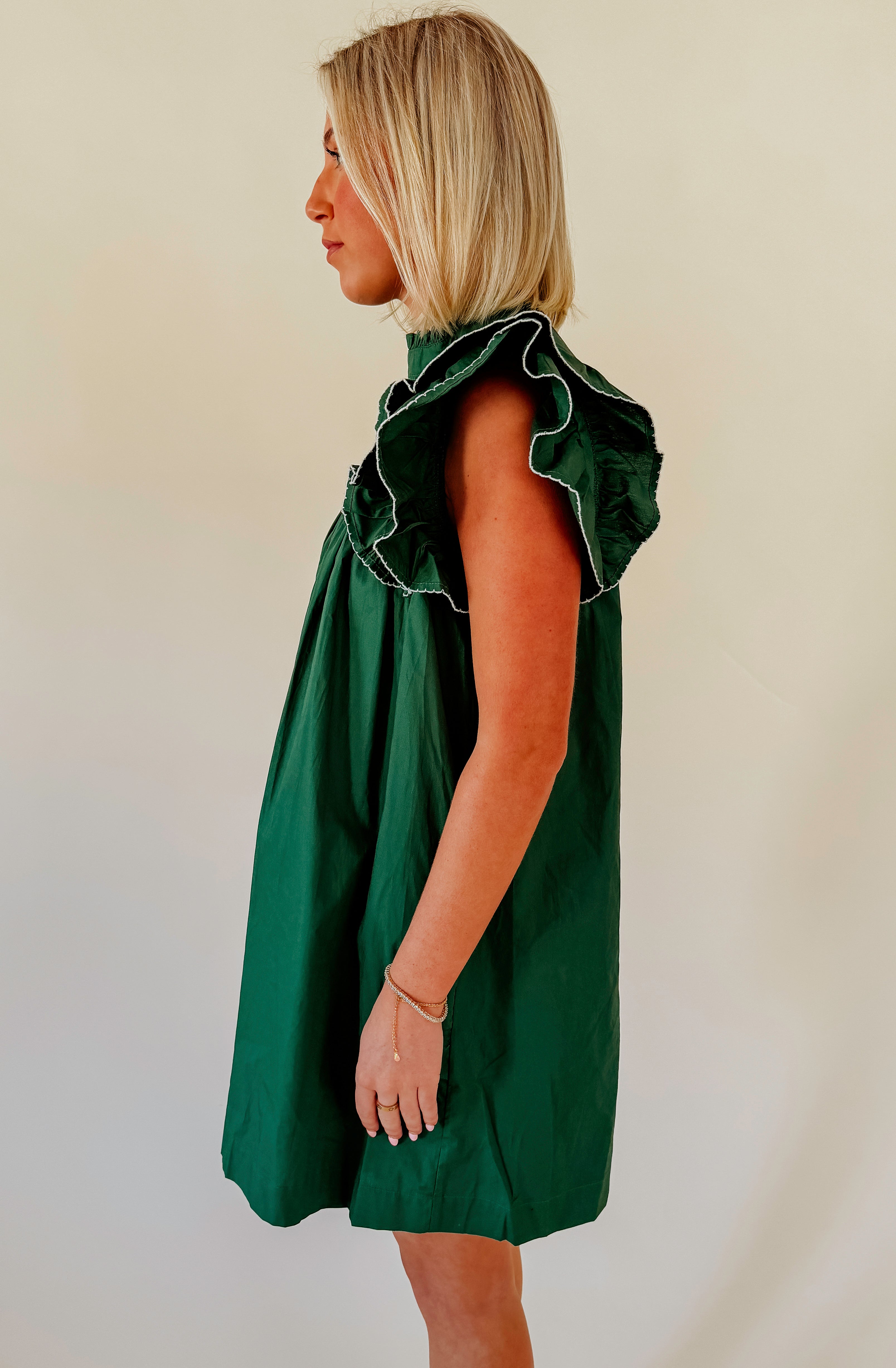 GREEN WITH ENVY RUFFLE SLEEVE DRESS