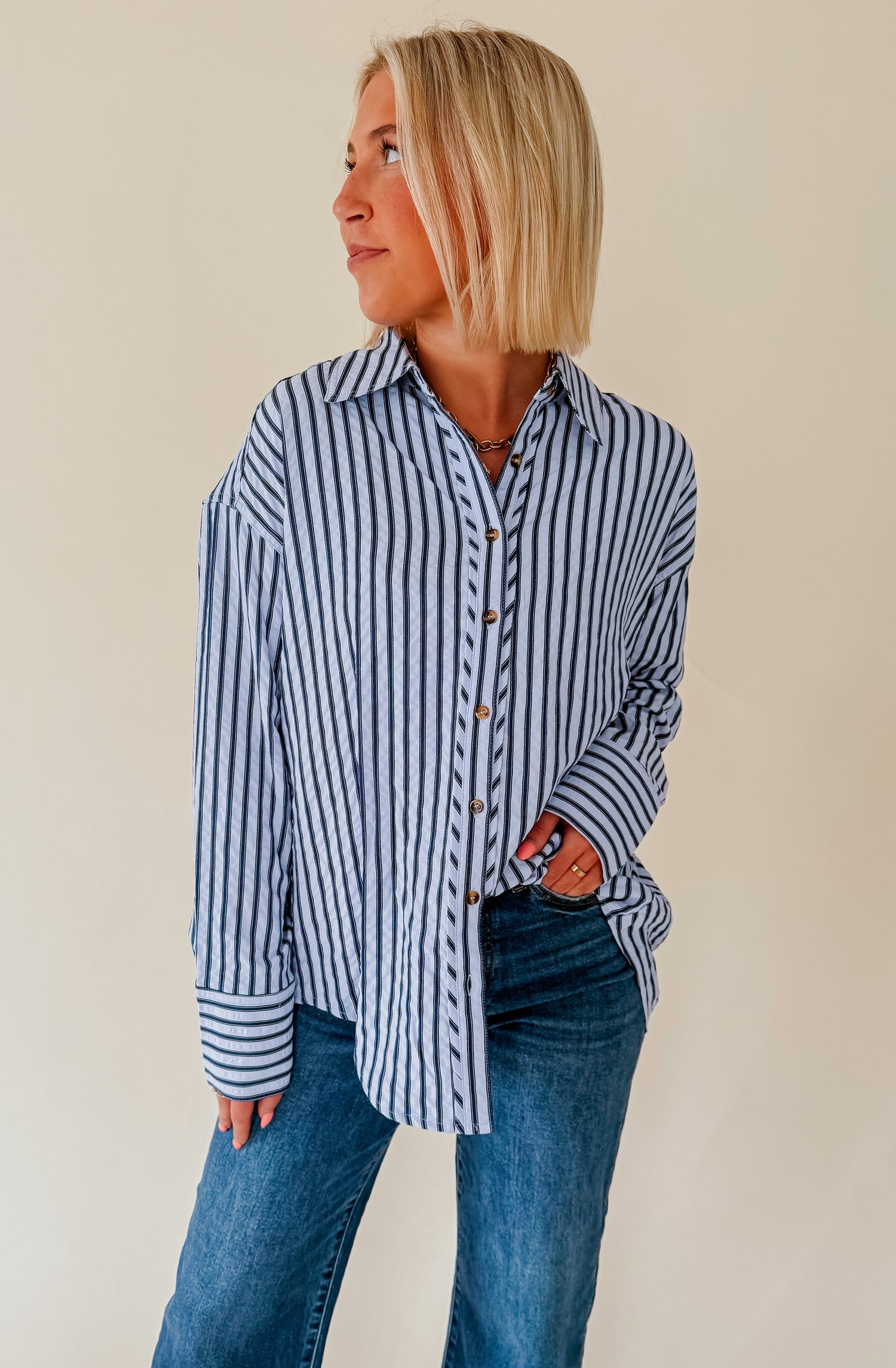 TAKES TIME STRIPED BUTTON UP