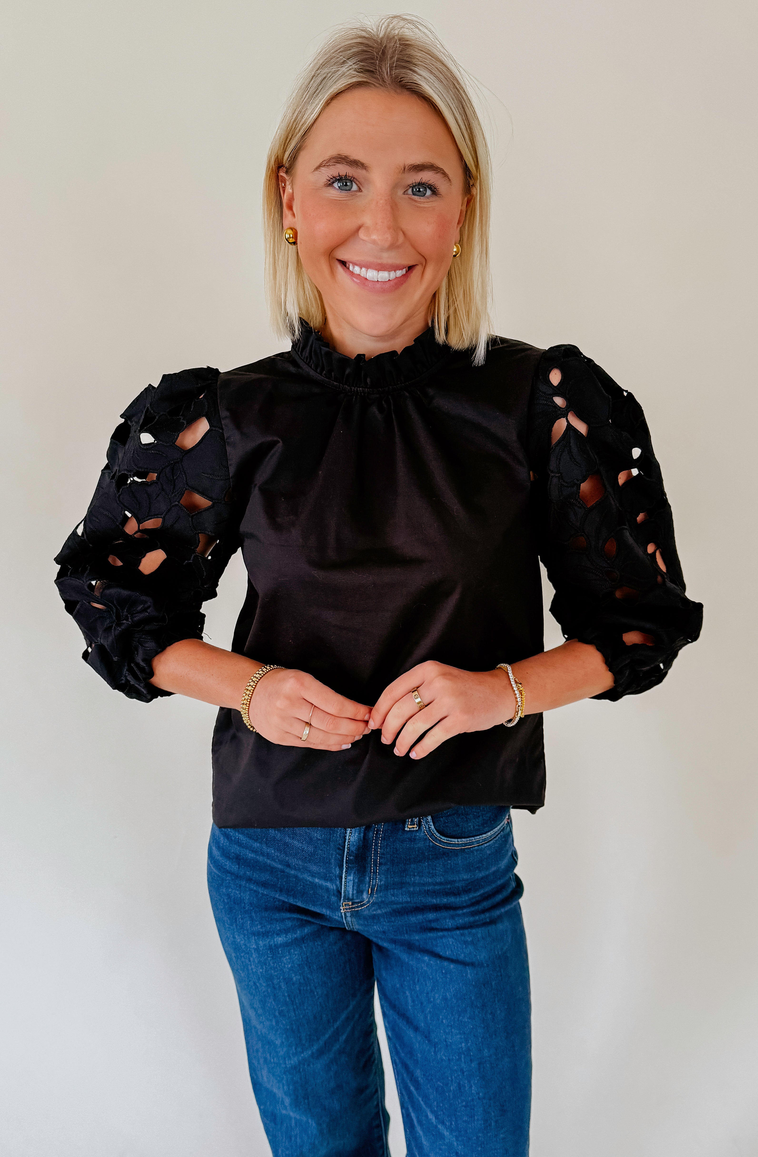 BACK IN BLACK EYELET SLEEVE BLOUSE