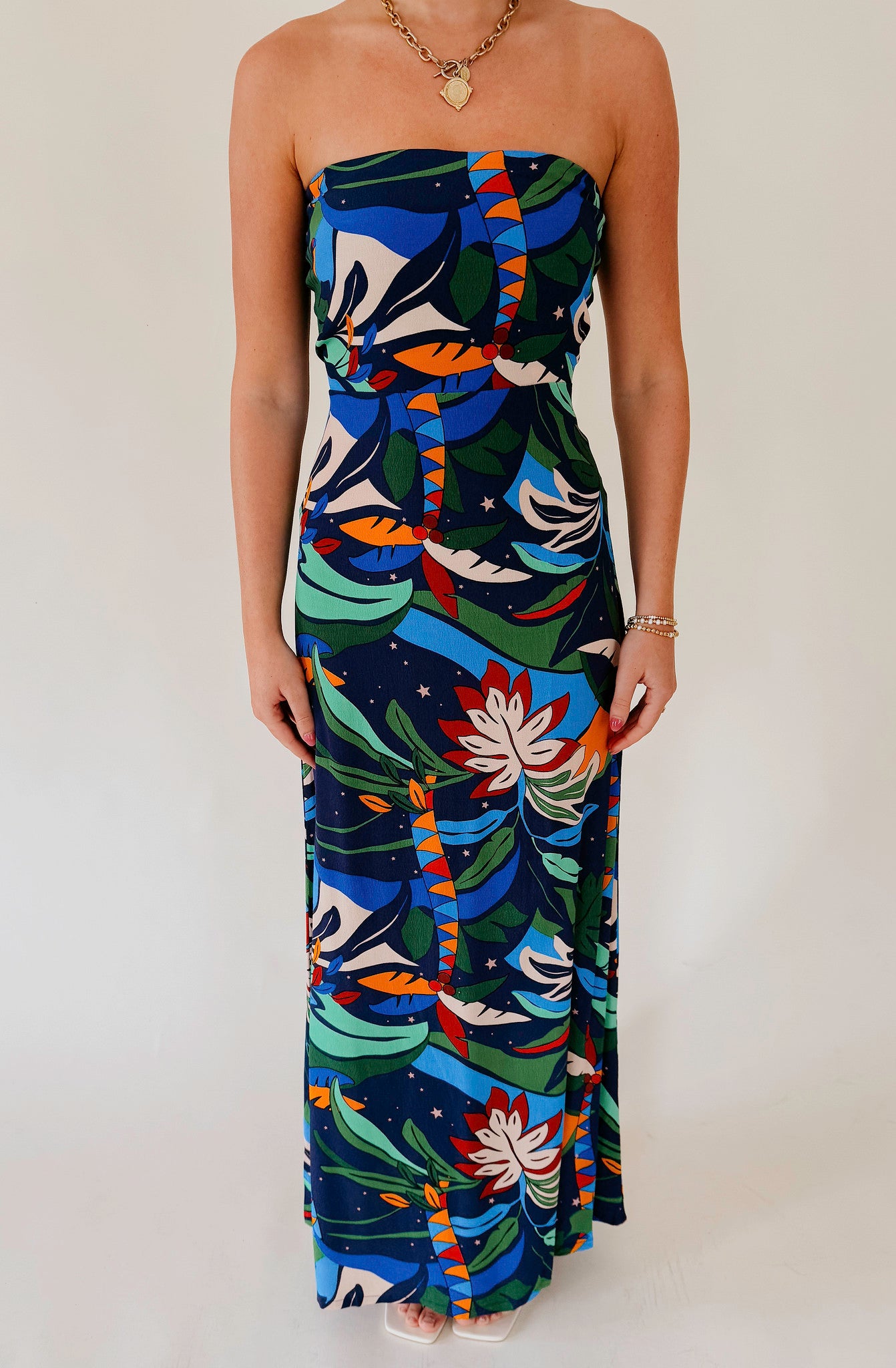 TROPIC CITY STRAPLESS DRESS