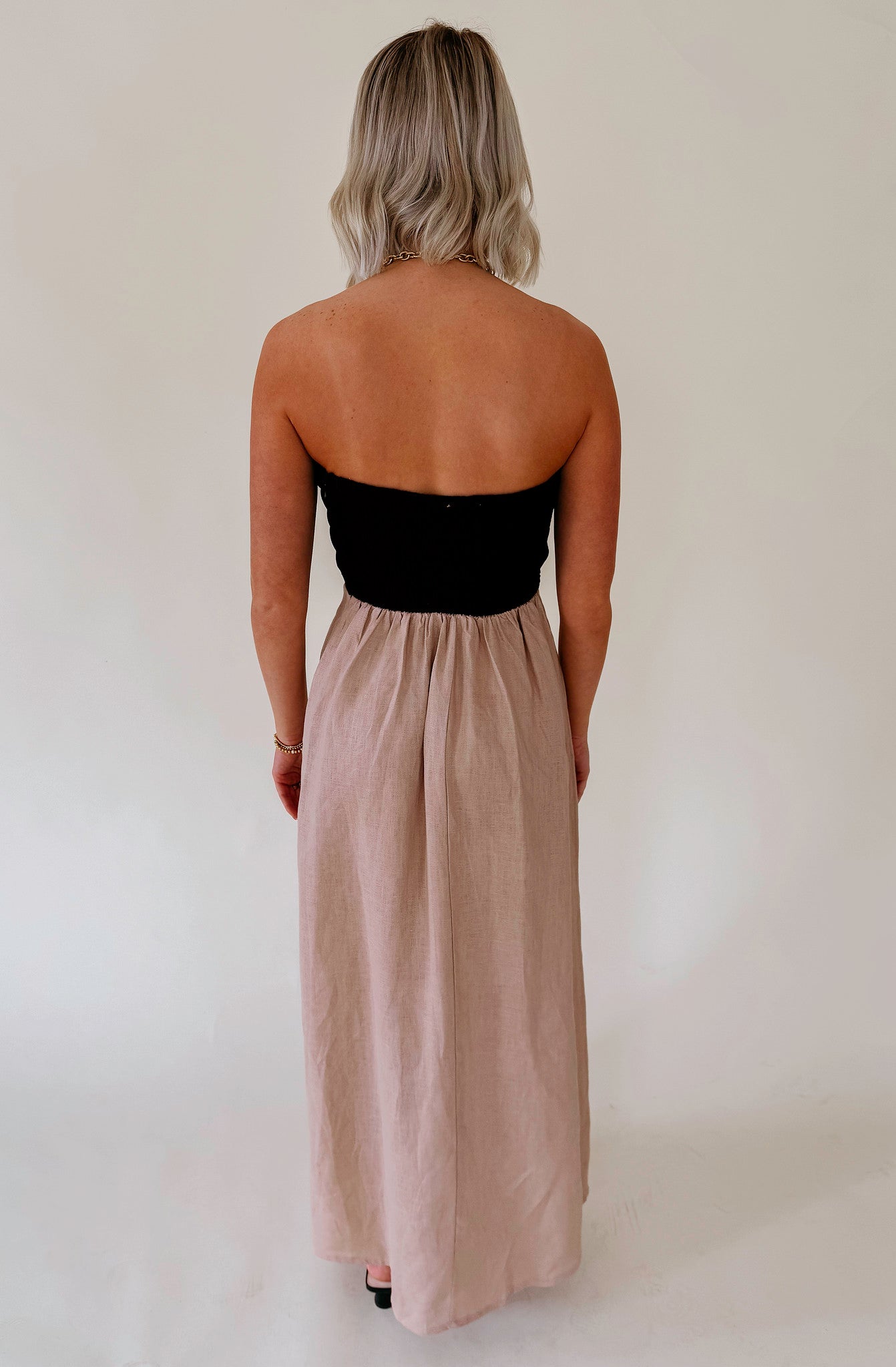 BLOCKED OFF STRAPLESS DRESS