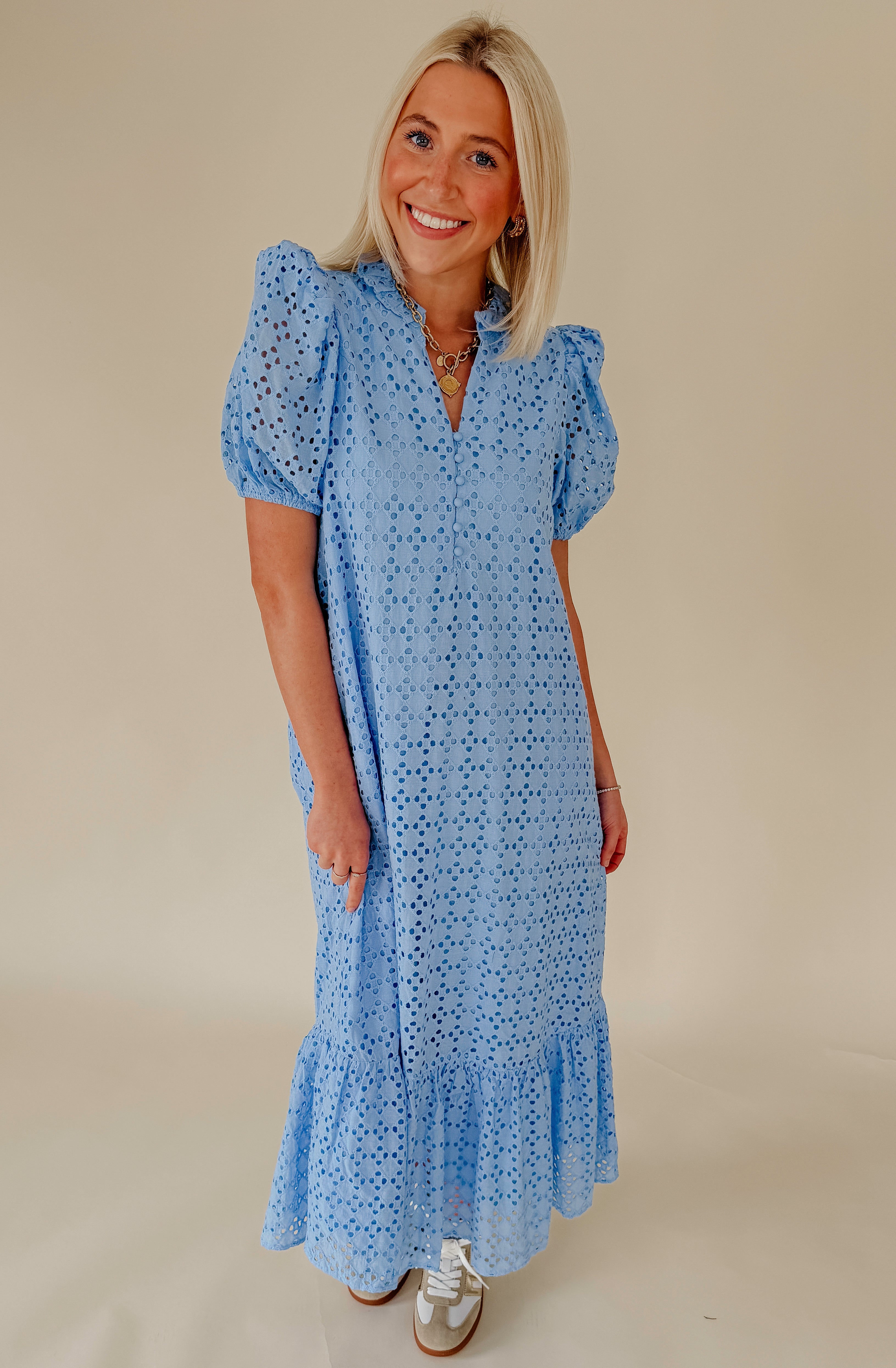 ONE & DONE EYELET MIDI DRESS