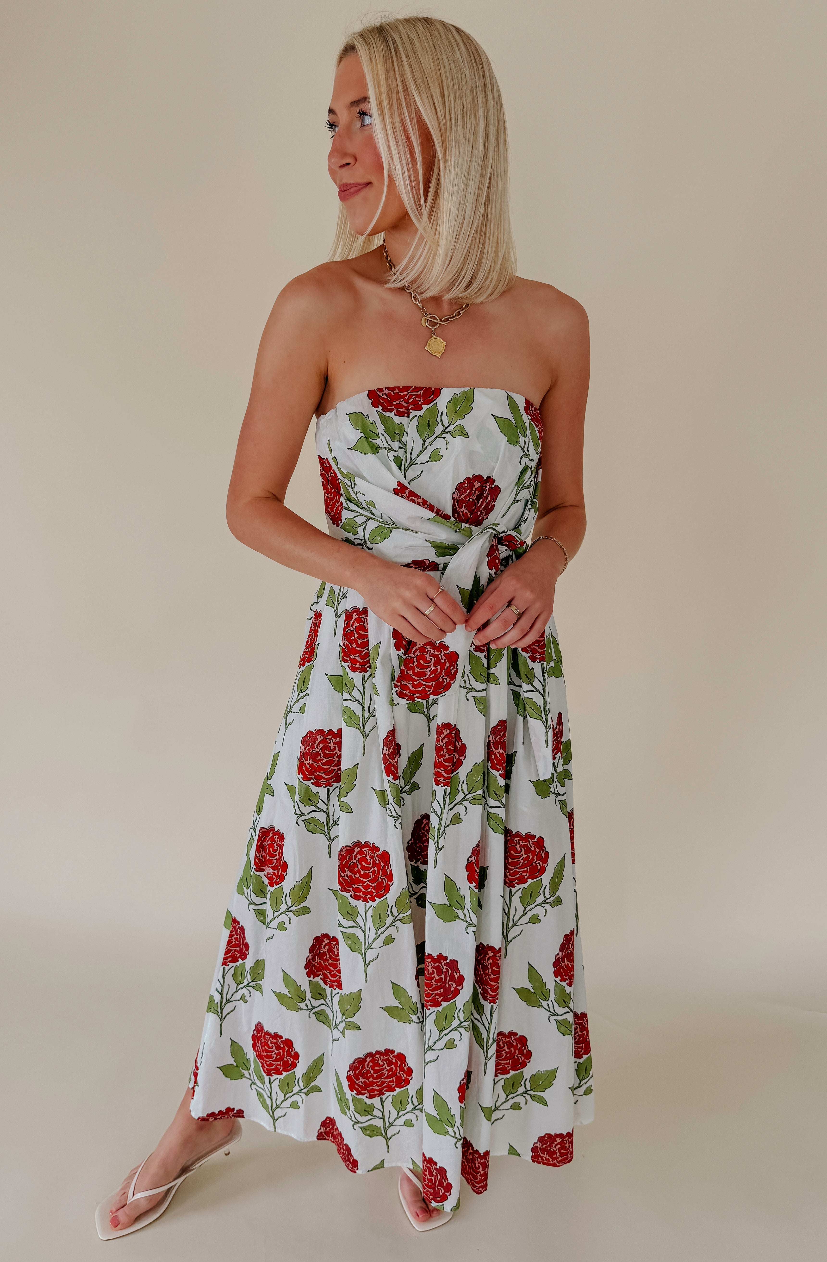 ROSE ALL DAY STRAPLESS MIDI DRESS