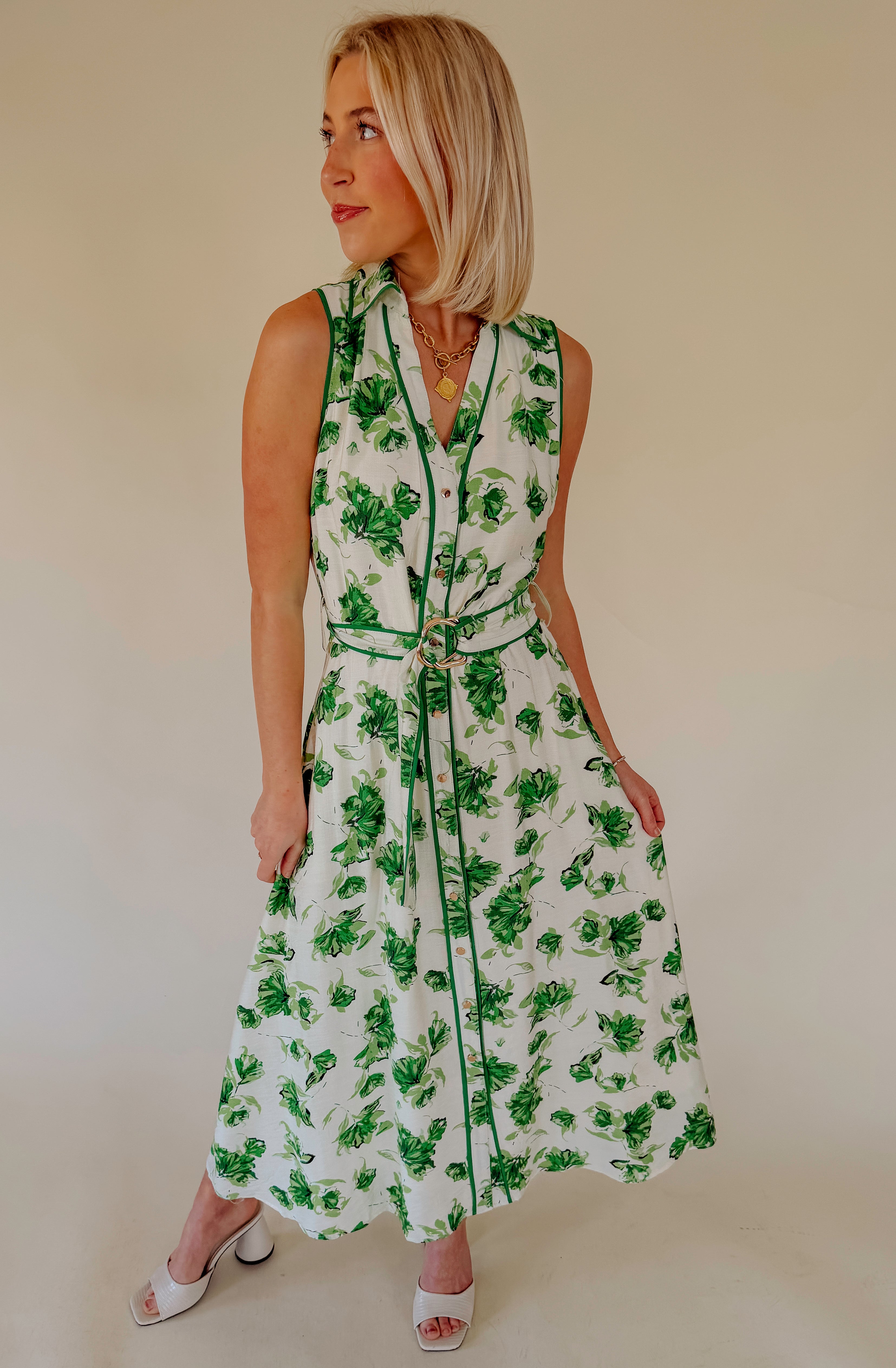 GREEN WITH ENVY BUTTONED MIDI DRESS