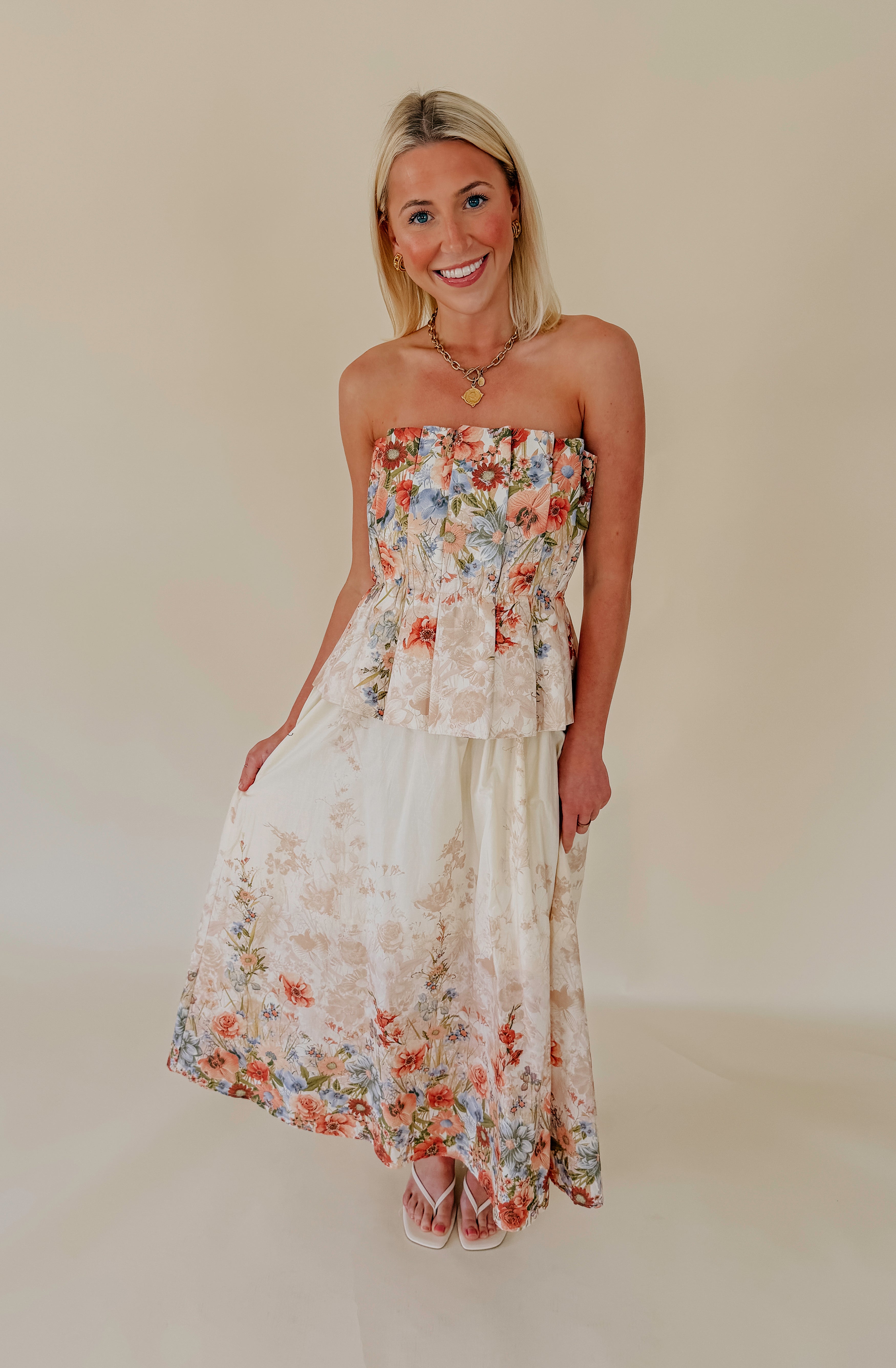 HAVING A BALL STRAPLESS MIDI DRESS