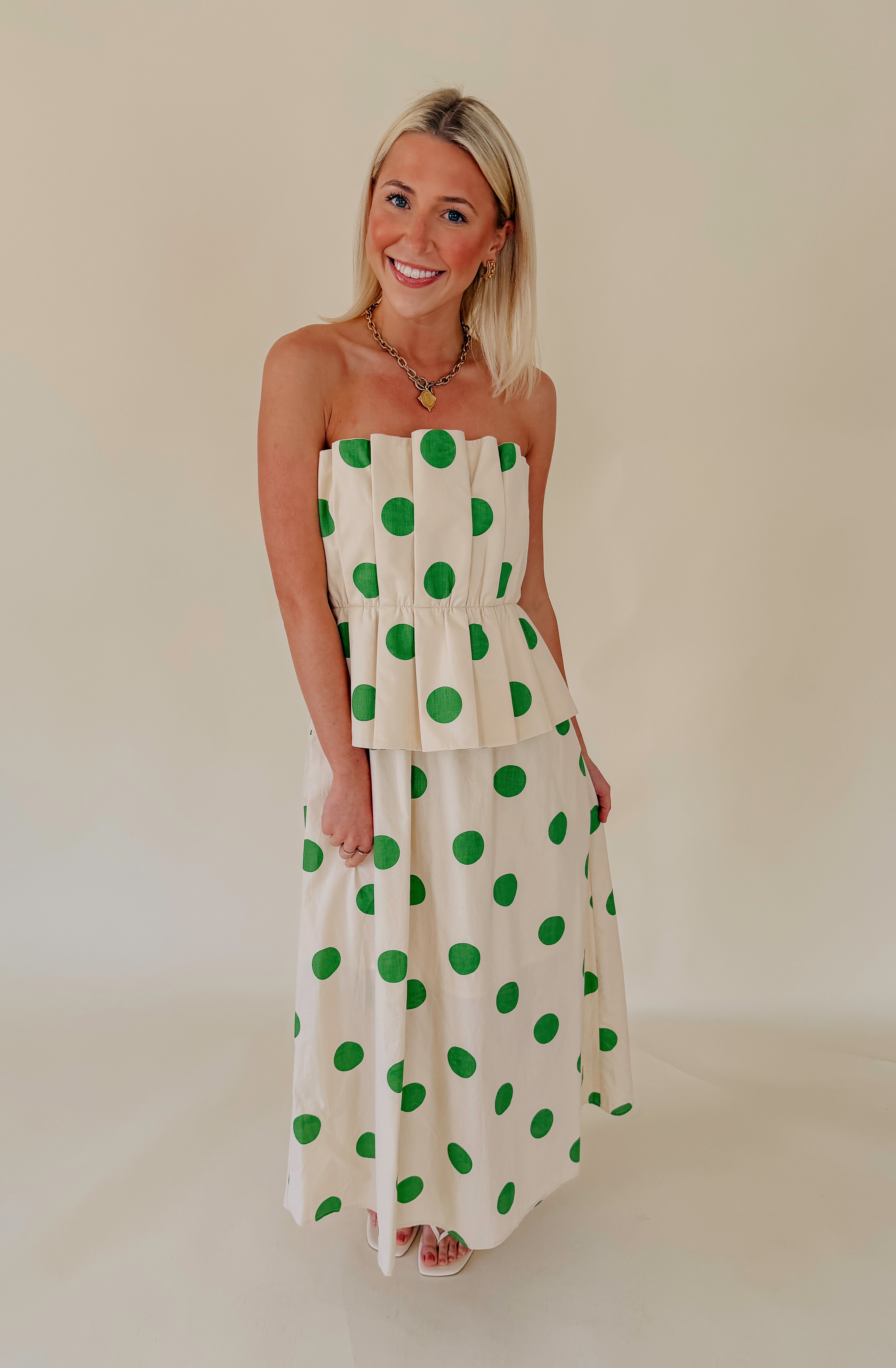 RIGHT ON THE DOT STRAPLESS MIDI DRESS