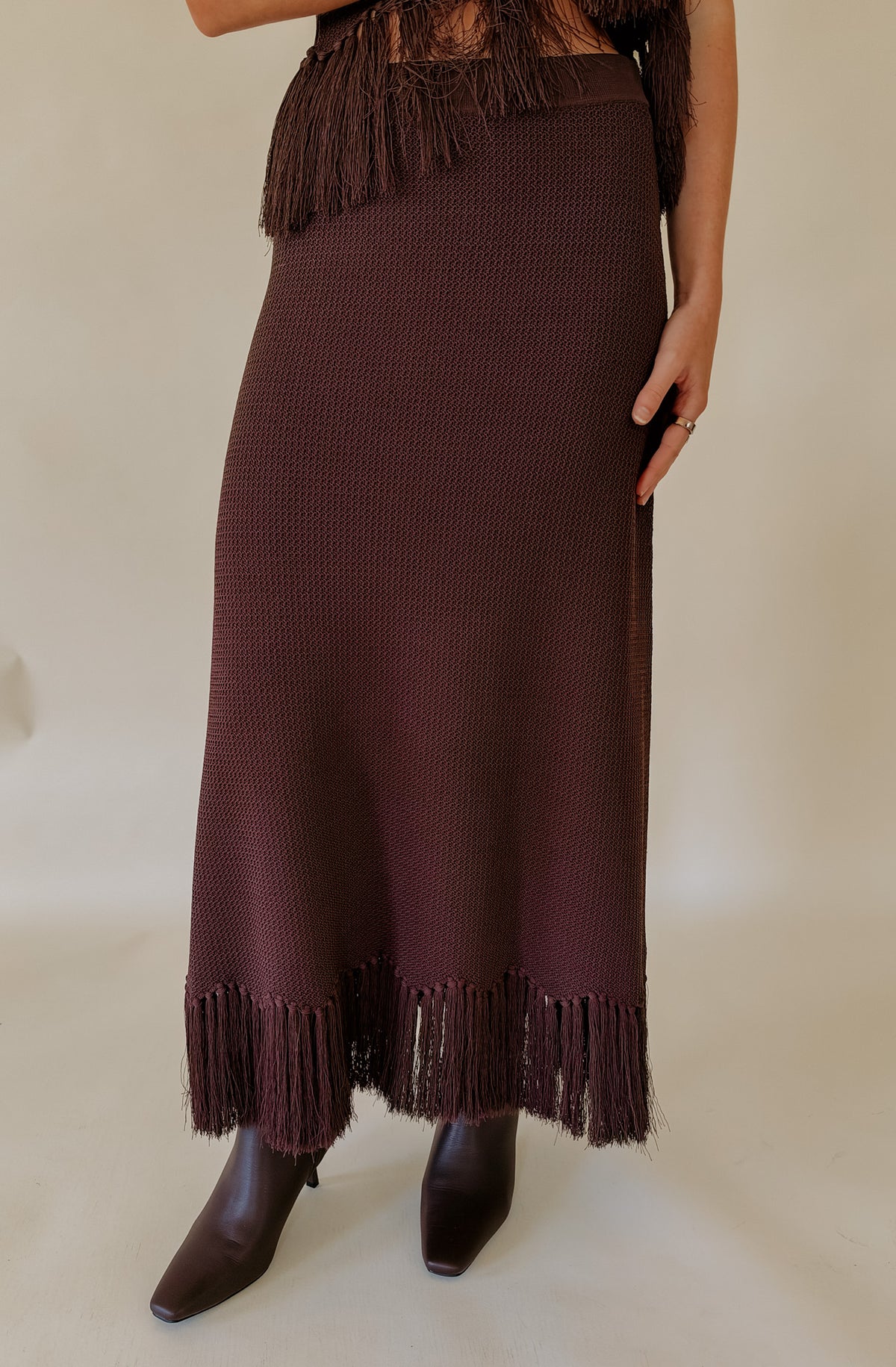 ENGLISH FACTORY FRINGE MIDI KNIT SKIRT