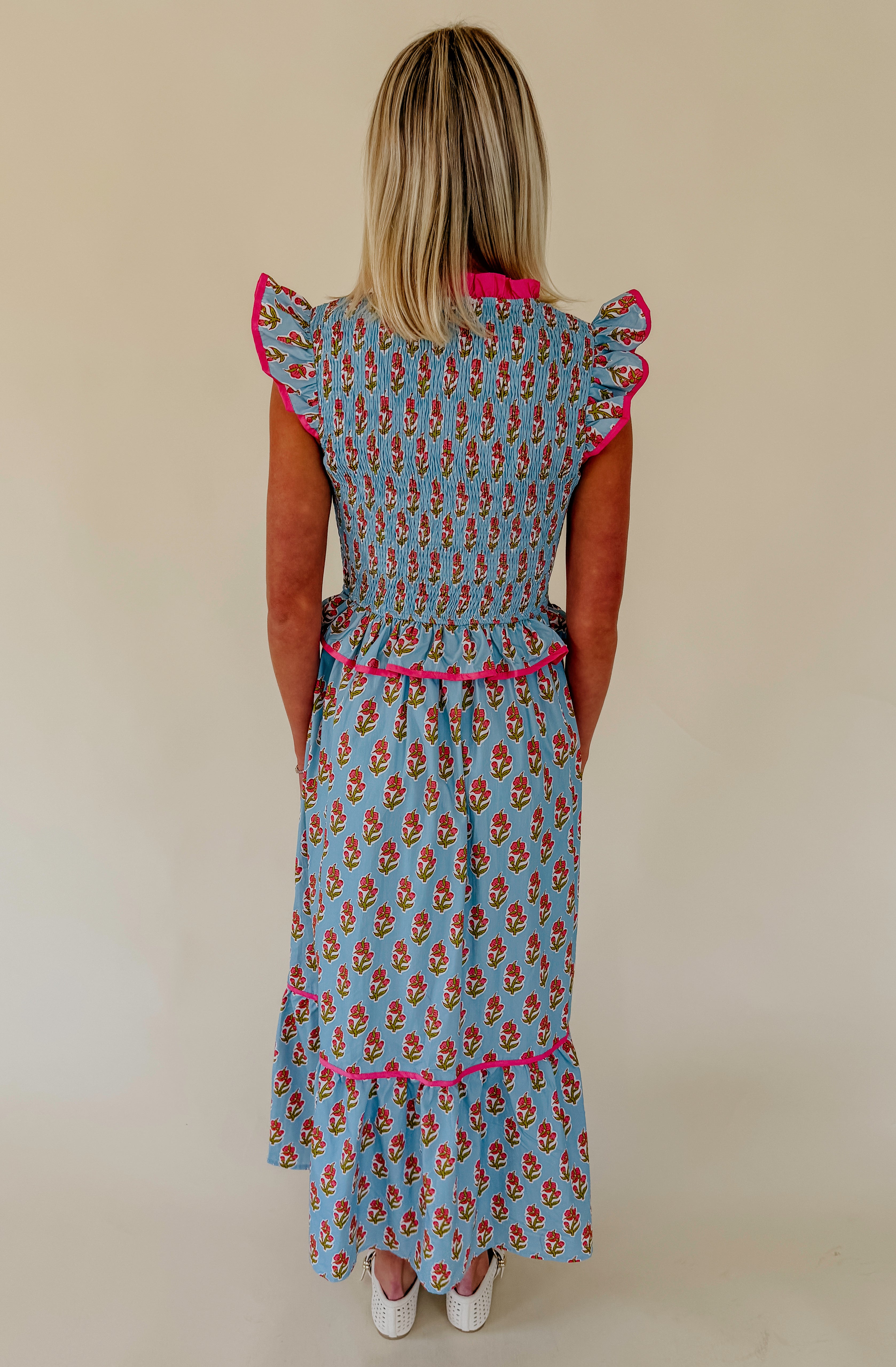 PETAL FORWARD SMOCKED MIDI DRESS